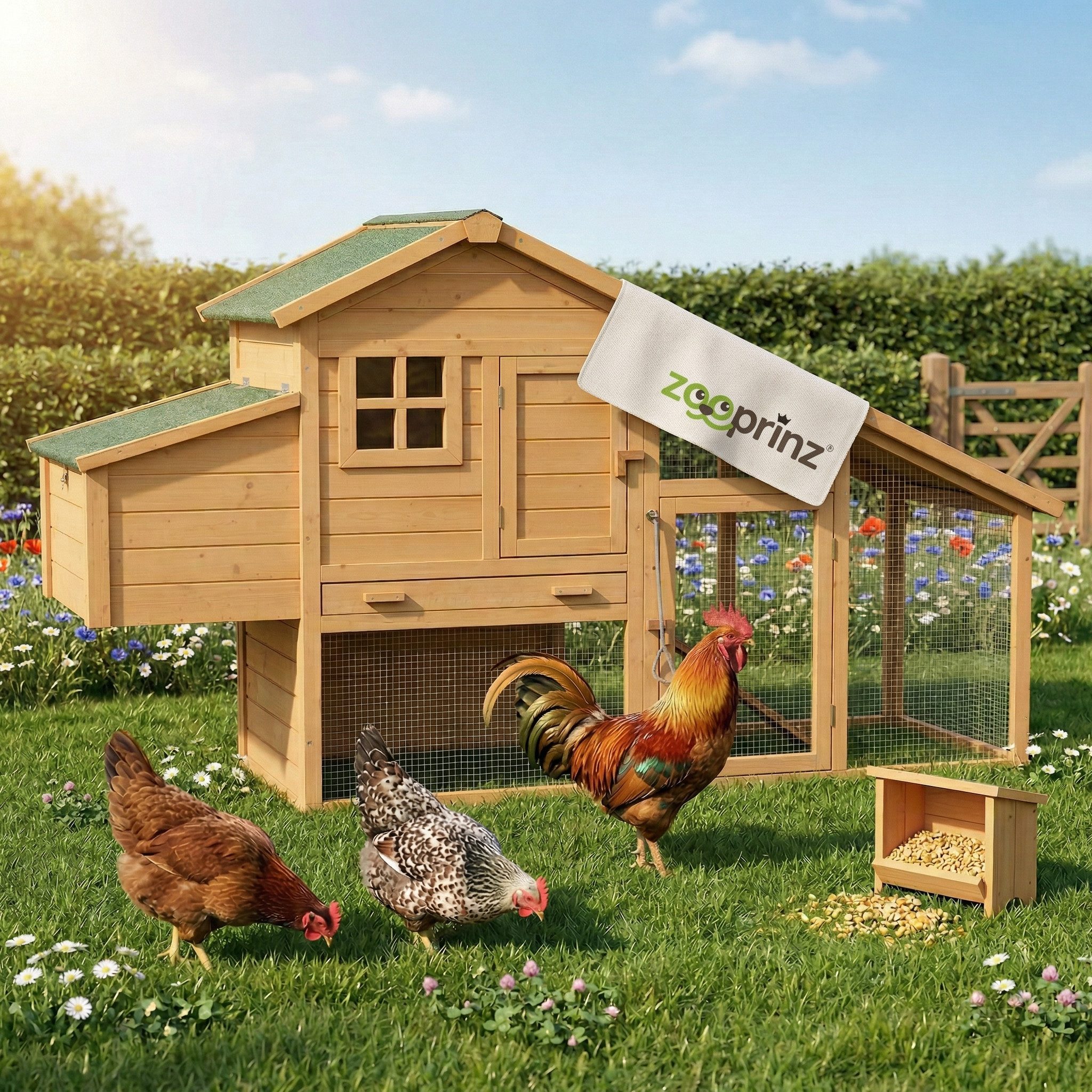 Zooprinz Hühnerstall Komfort XXL mit Freilauf 205x118x75 cm (BxHxT), Kiefernholz, Hühnerrampe, Nistkasten, Klappdach