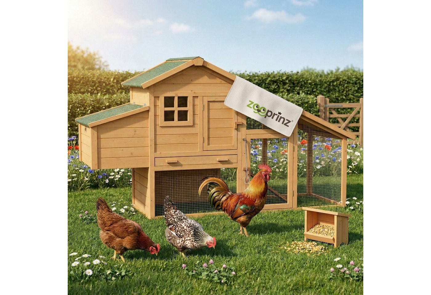 Zooprinz Hühnerstall Komfort XXL mit Freilauf 205x118x75 cm (BxHxT), Kiefernholz, Hühnerrampe, Nistkasten, Klappdach