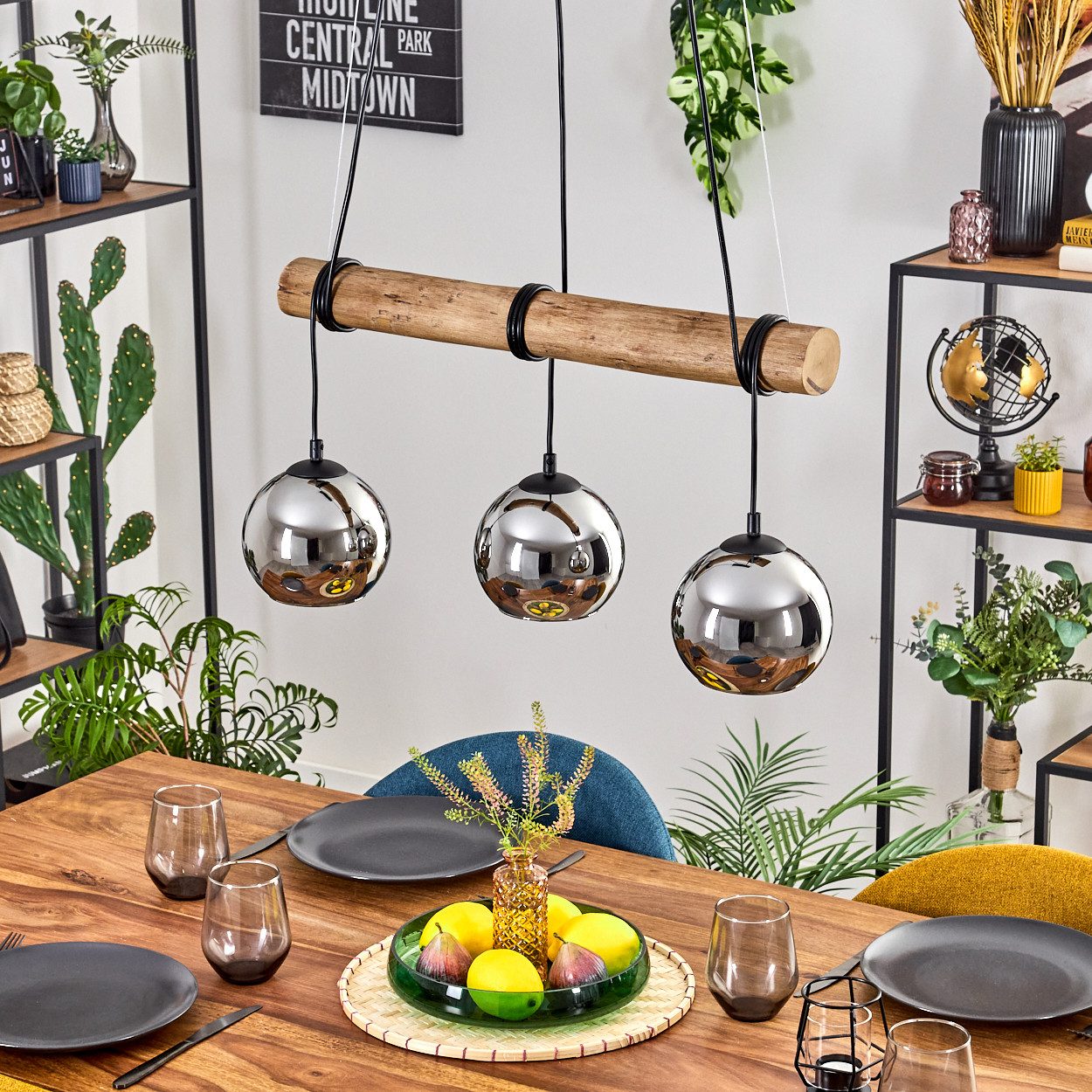 hofstein Pendelleuchte Hängelampe aus Metall/Holz/Glas in Schwarz/Natur-/Ch günstig online kaufen