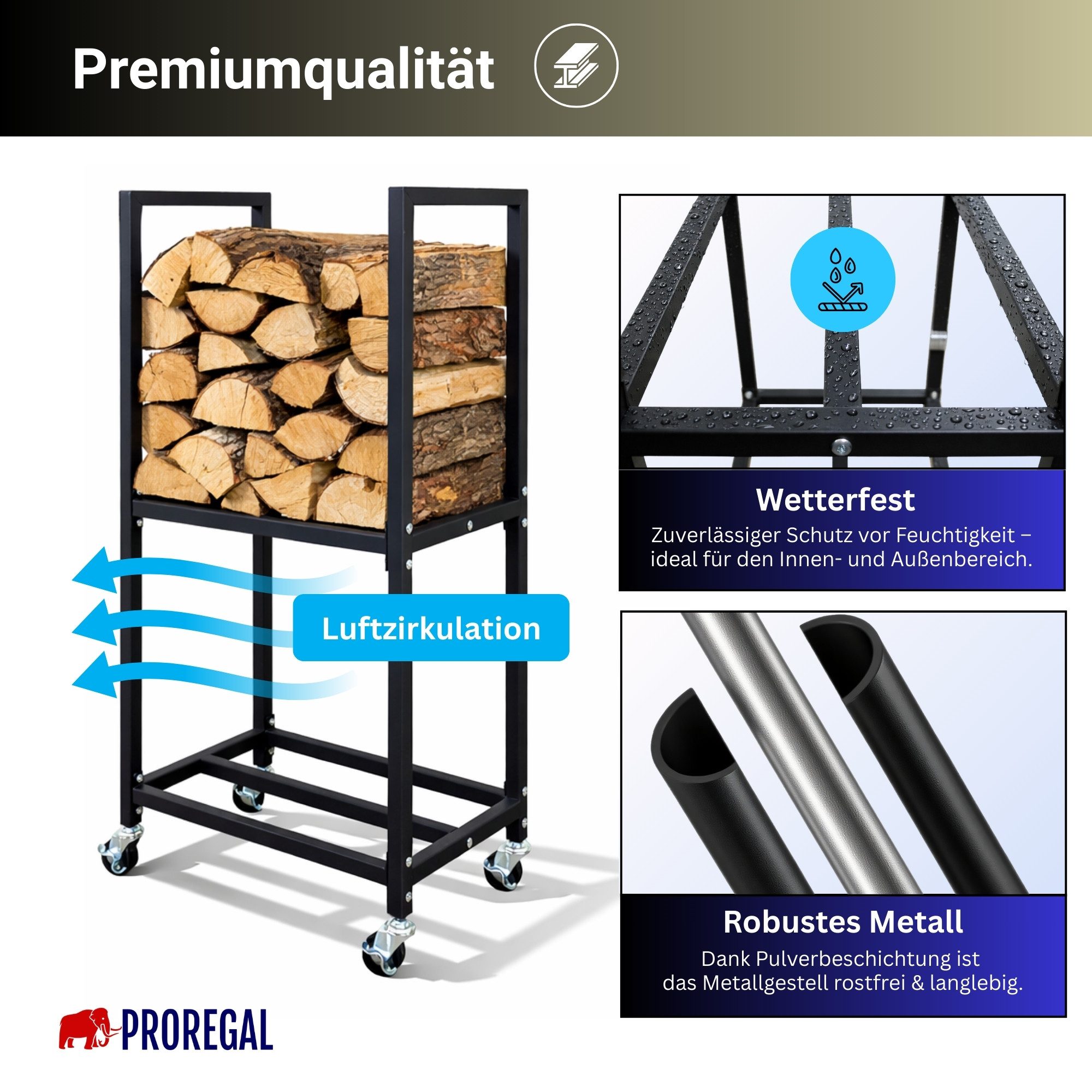 PROREGAL® Kaminholzregal PHOENIX mit Rollen & 2 Ebenen 82x44x28cm Metall Schwarz Holzständer, BxTxH:44x28x82 cm, Holzständer Holzhalter Kaminholzständer Brennho – Bild 5 von 5