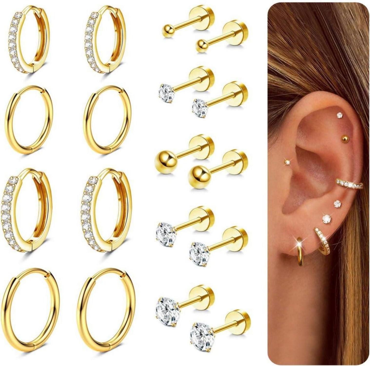 LuxusKollektion Ohrring und Ketten Set 9Paar Ohrstecker Set Gold Silber 316L Chirurgenstahl Cubic Zirkonia