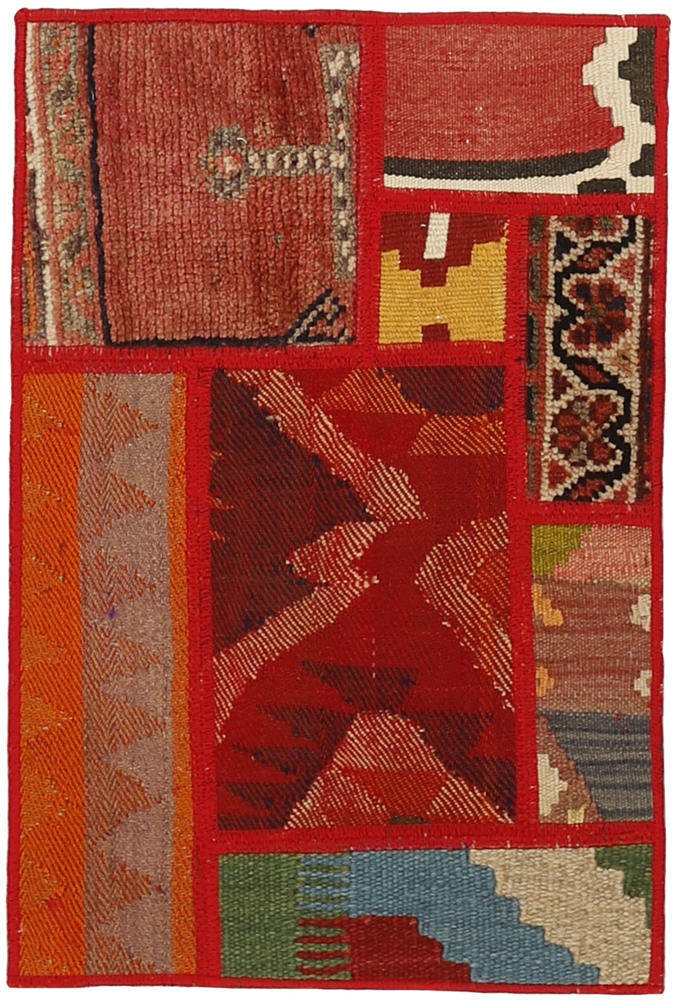 Wohnando Teppich MY-RUG Perserteppich Patchwork Geometrische Muster rot 60x40cm, Rechteckig, Höhe: 10 mm, Handgeknüpfter Teppich,Handgesponnene Wolle, mit Naturfarben gegärbt