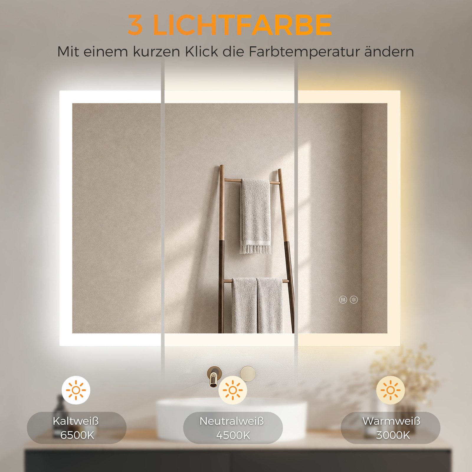 IMPTS Badspiegel LED Badezimmerspiegel Wandspiegel mit Beleuchtung Antibeschlag (Set, Speicherfunktion, Anti-Beschlag, 3 Lichtfarben, Dimmbar, Touch-Schalter),  – Bild 4 von 5