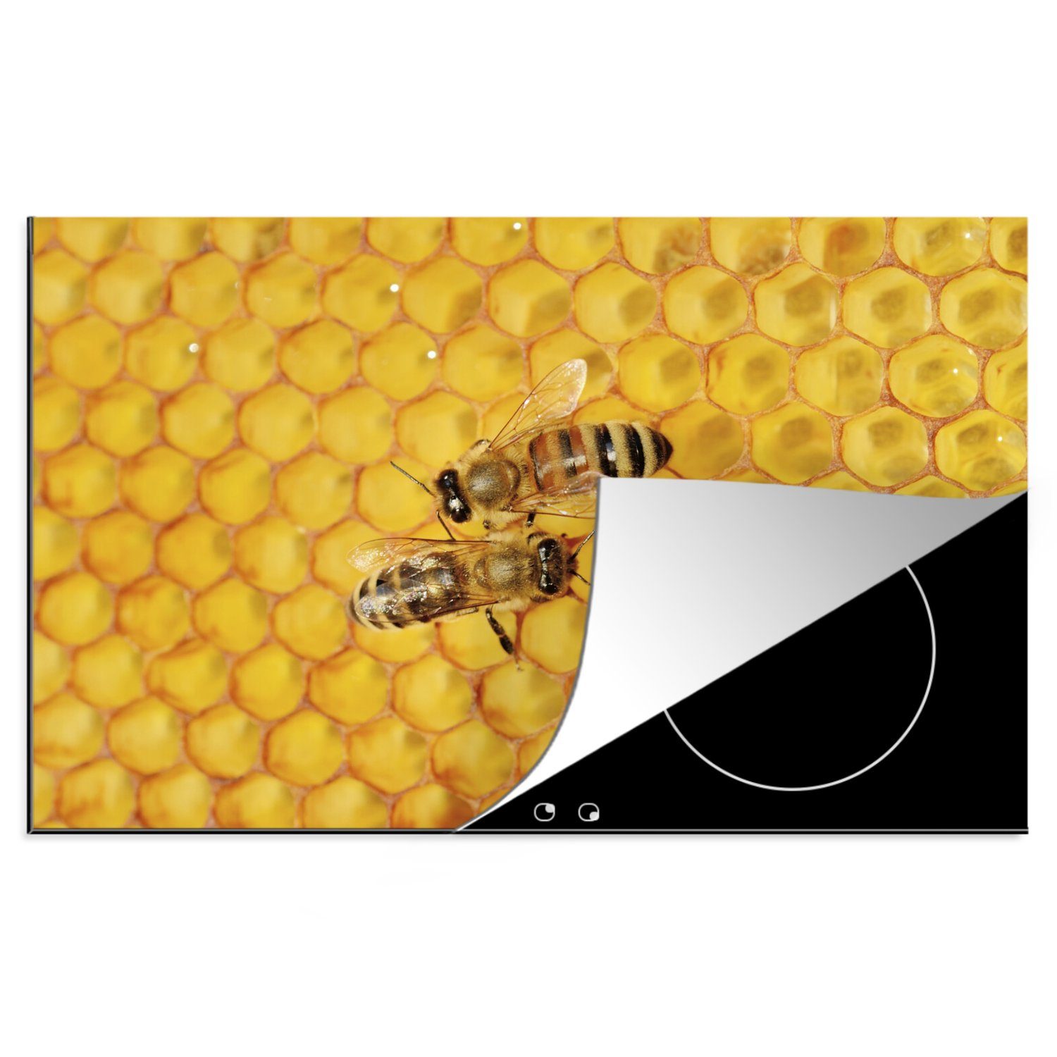 MuchoWow Herdblende-/Abdeckplatte Zwei Honigbienen auf einer Honigwabe, Vinyl, (1 tlg), 81x52 cm, Induktionskochfeld Schutz für die küche, Ceranfeldabdeckung