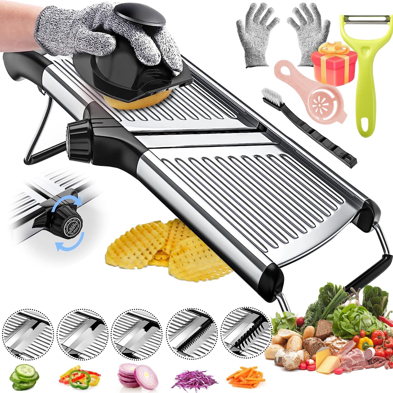 MOPUEA Gemüseschneider Mandoline Gemüsehobel Nicer Dicer mit Handschuhen multifunktional 11ST, Sicher, verstellbar 1-9mm, Edelstahl, rutschfest, leicht zu reinigen