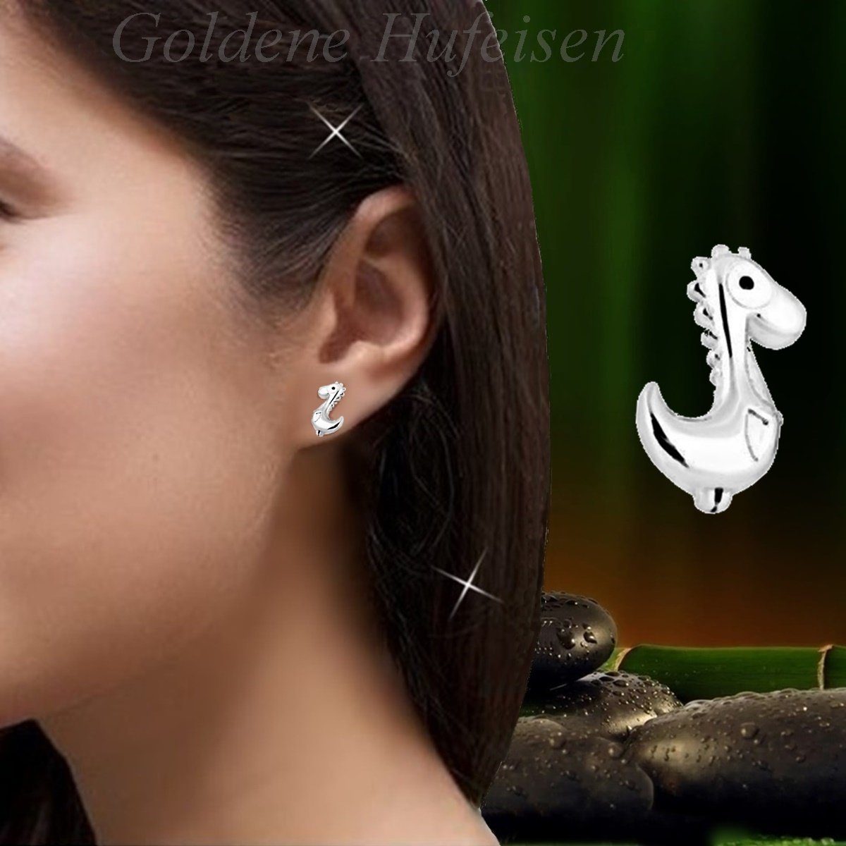 Ohrringe Goldene Kinder Rhodiniert Hufeisen Paar, aus Sterling (1 925 Silber Mädchen inkl. Ohrstecker Etui), Ohrstecker Dinosaurier Paar