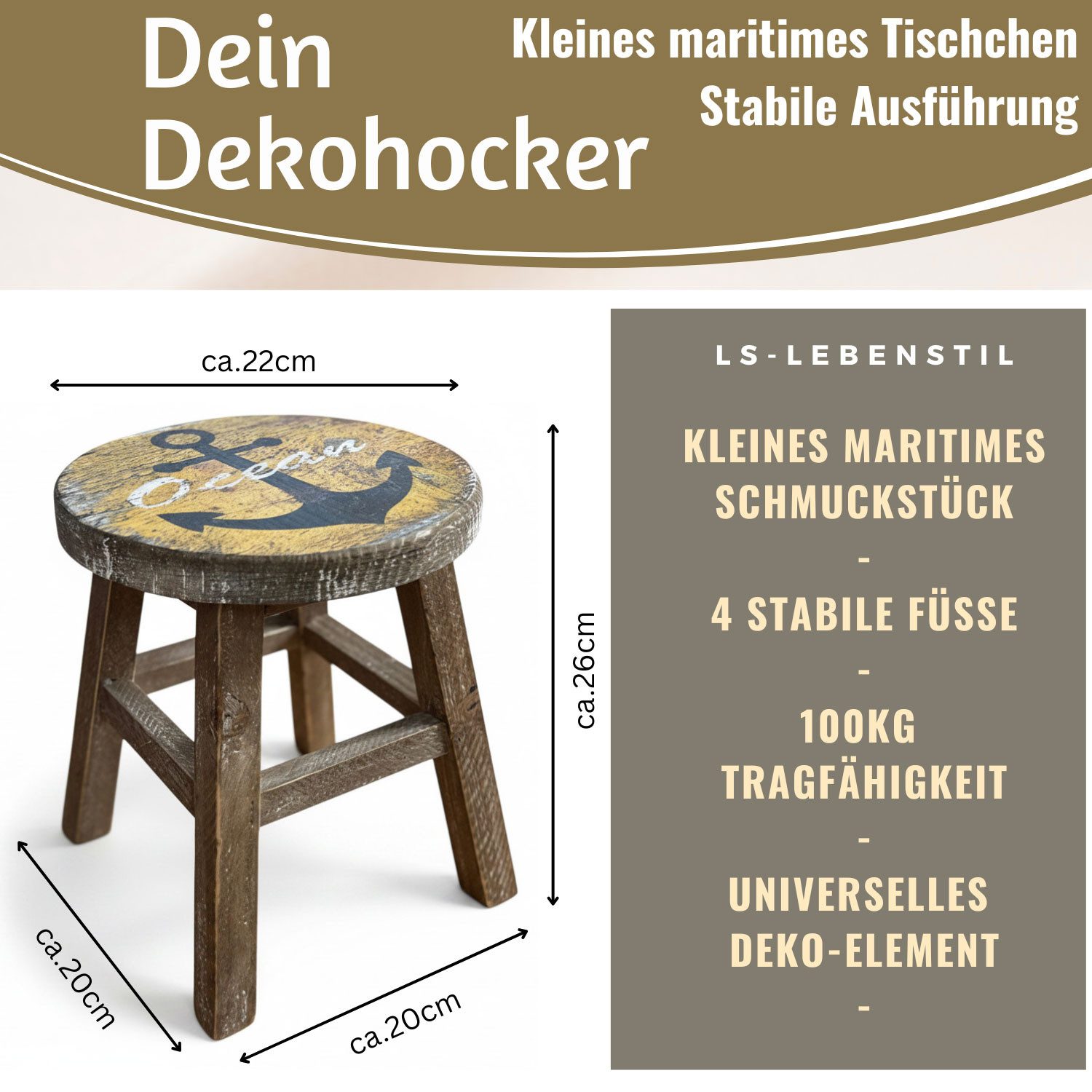 LS-LebenStil Blumenhocker Holz Pflanzenhocker 26x20cm Maritim Ocean Mini Tisch Deko Hocker (1 St., Braun 4 Füße kleiner Pflanzenständer Pflanzentisch Holzhocker Deko), Design Deko Hocker Holz Nachttisch Mini Tisch rustikales Tischchen