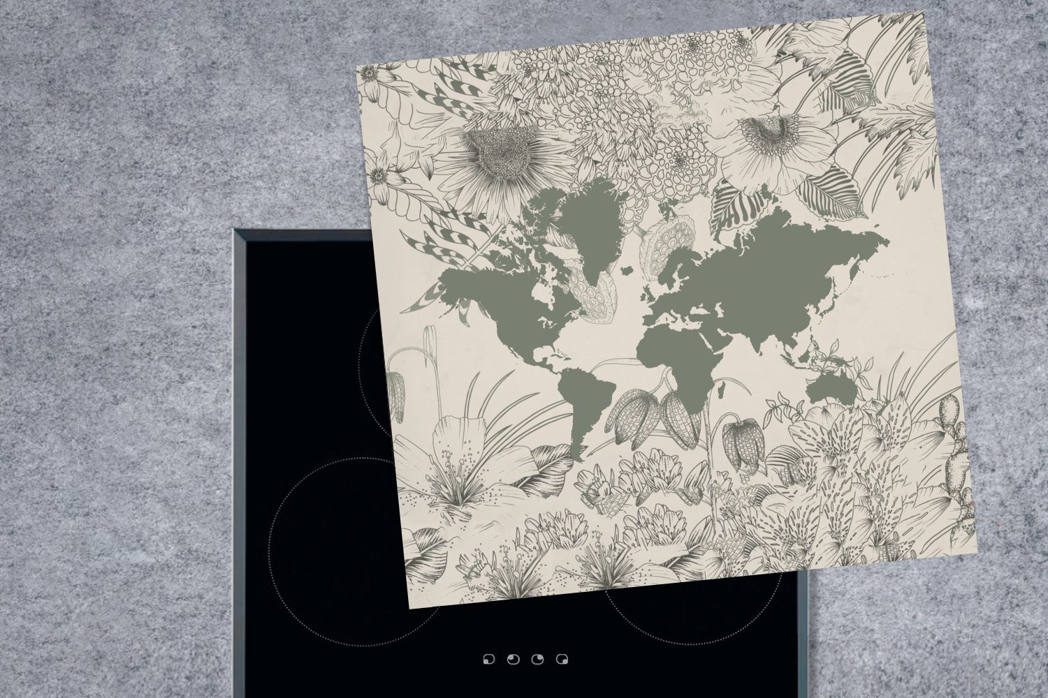 Vinyl, (1 Weltkarte küche tlg), - Pflanzen, Grau Arbeitsplatte MuchoWow Ceranfeldabdeckung, 78x78 cm, - Herdblende-/Abdeckplatte für