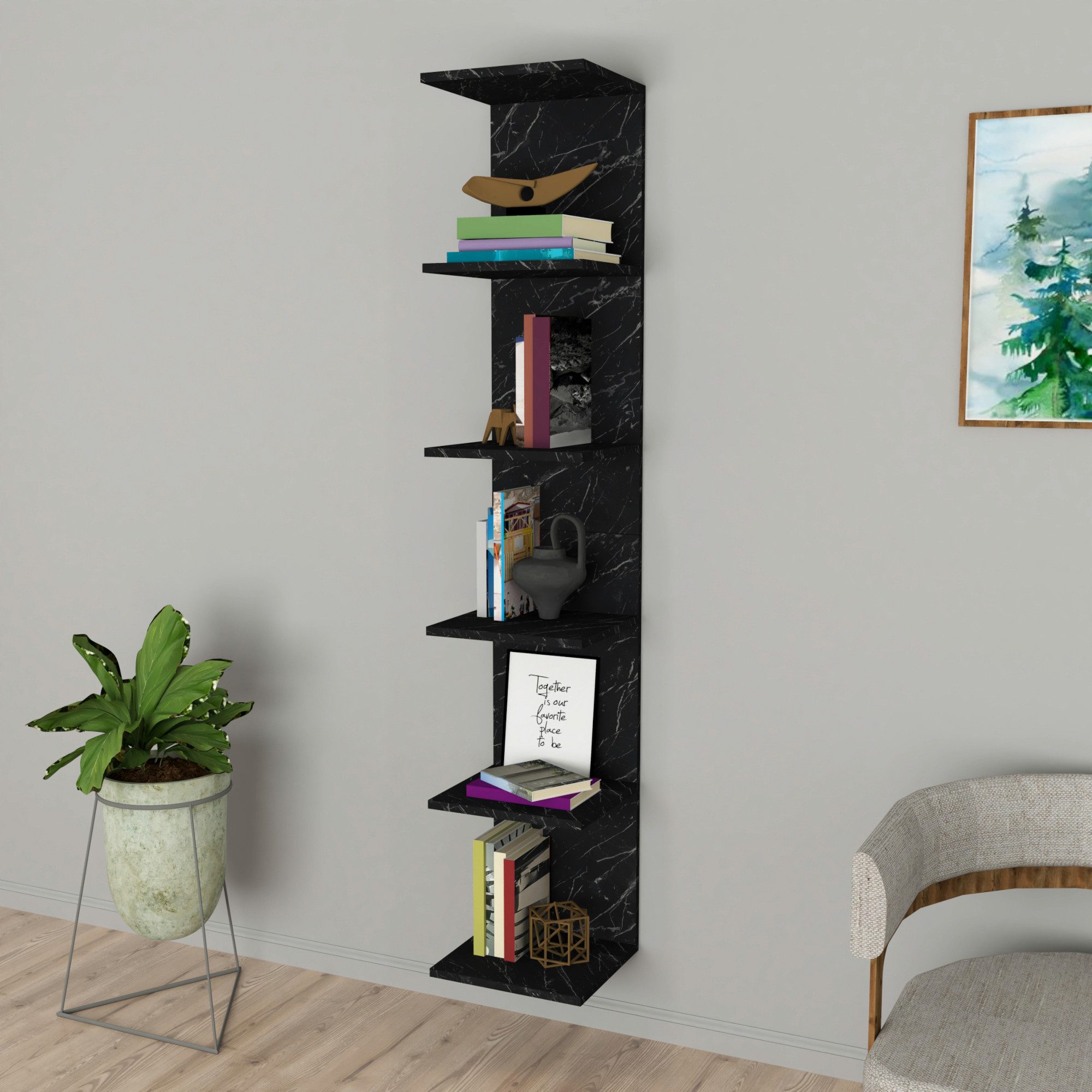 en.casa Wandregal, »Surahammar« 180 x 35 x 32 cm mit 6 Ablagen Marmoroptik, schwarz