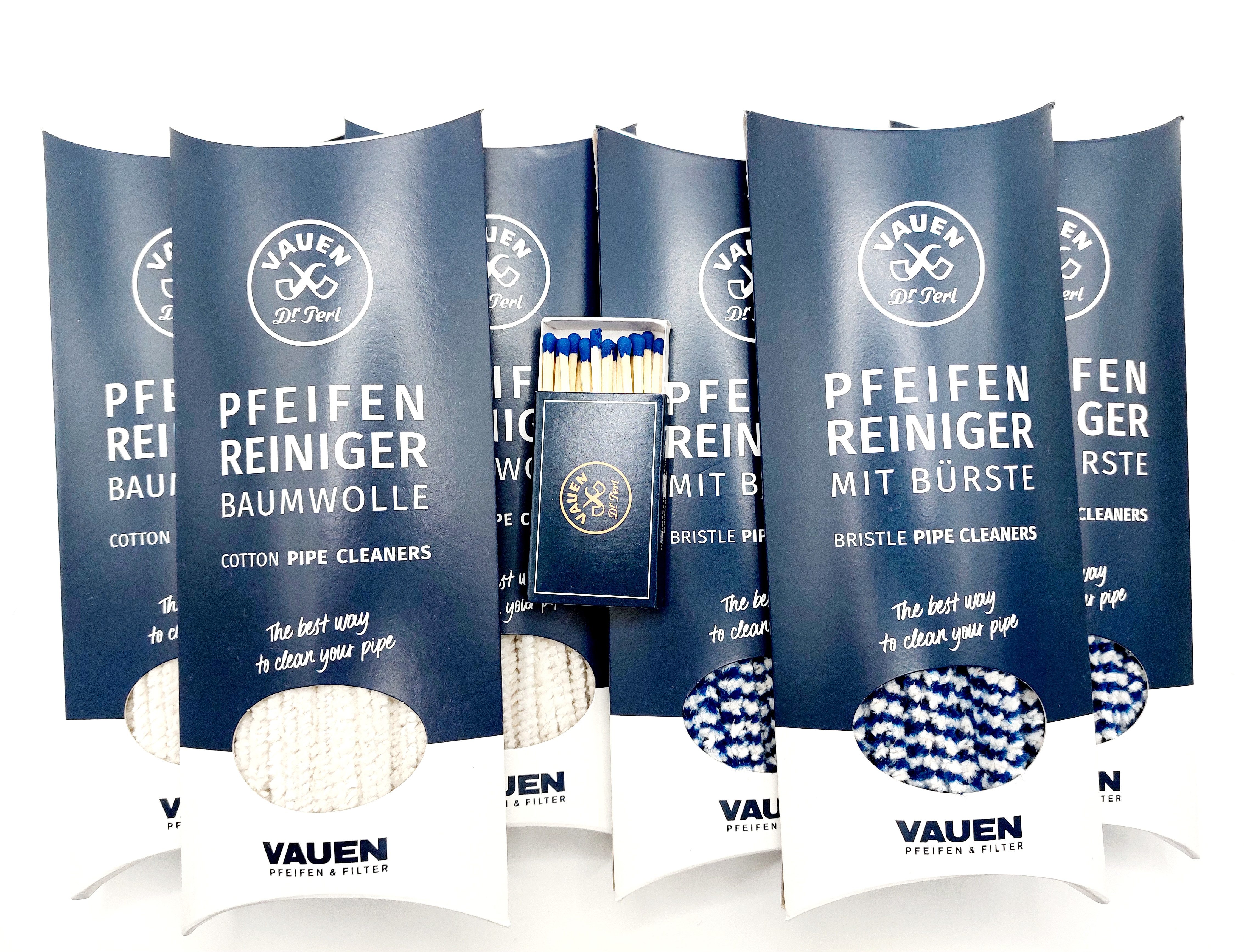 VAUEN Reinigungsbürsten-Set Pfeifenreiniger mit Bürste + Baumwolle 480 Stück made in Germany, (6er Set inkl. Zündhölzer), biegsam