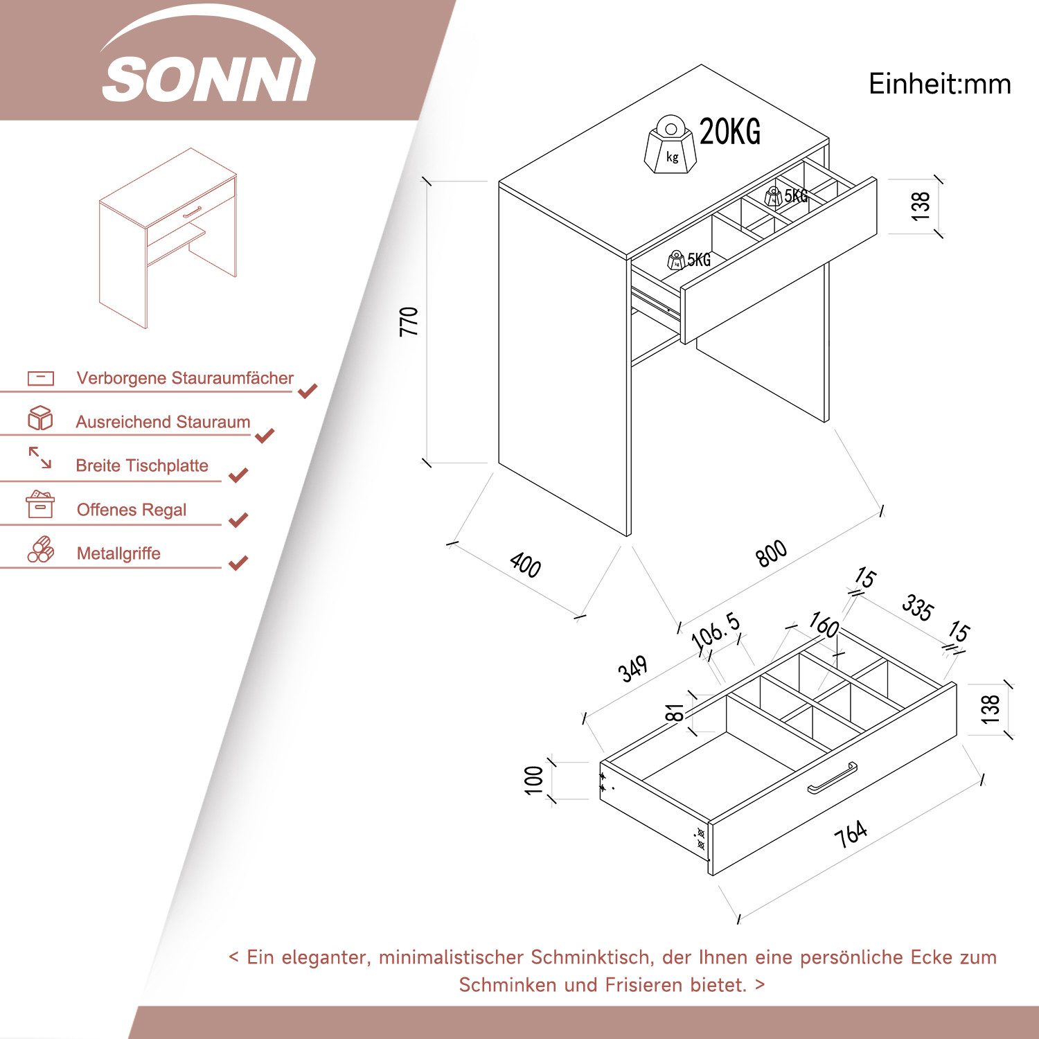 SONNI Schminktisch Schminktischkombination,Schminktisch,Seitenschrank
