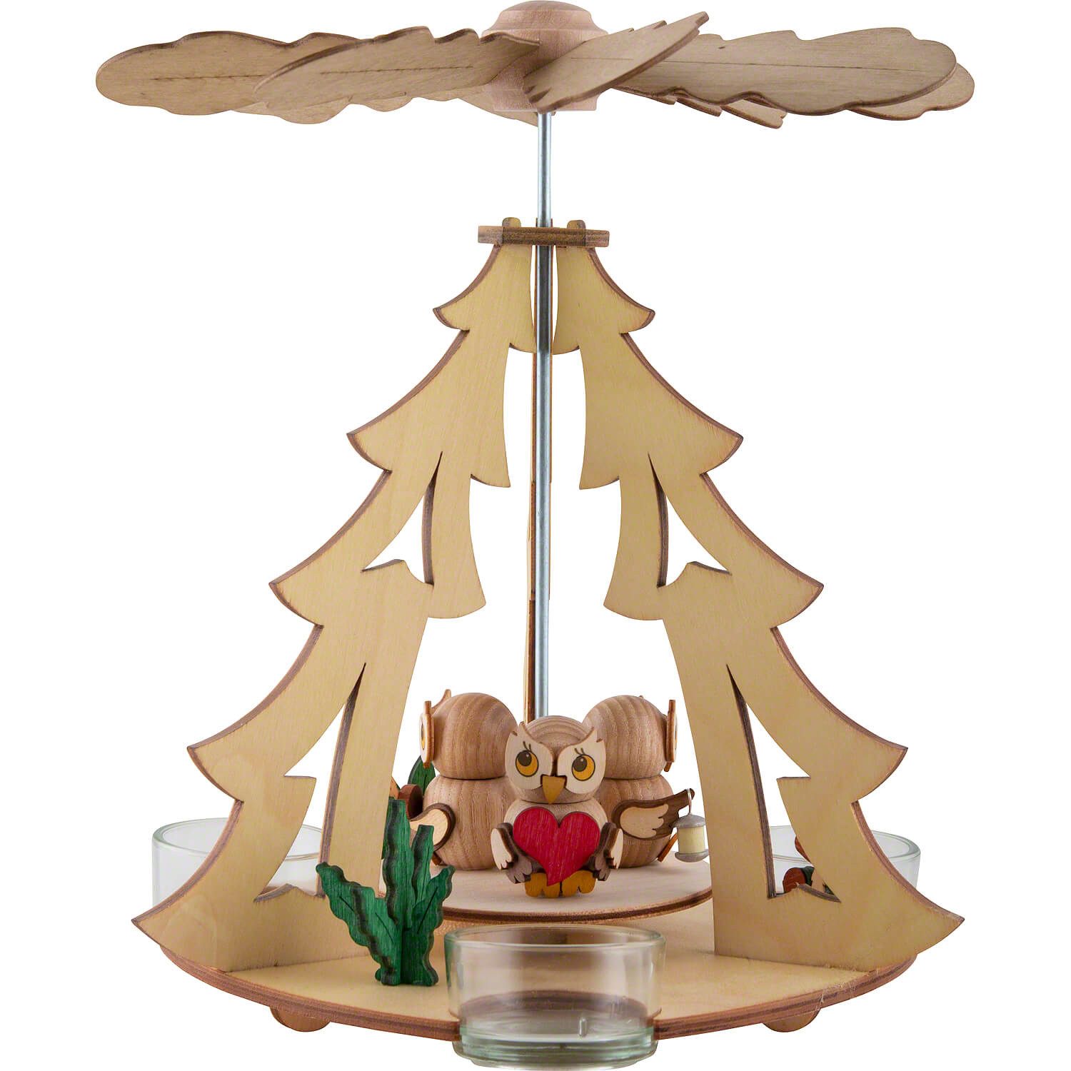 Weihnachtspyramide 1-stöckige Pyramide mit 3 Eulenkindern (22cm) von Drechslerei Kuhnert