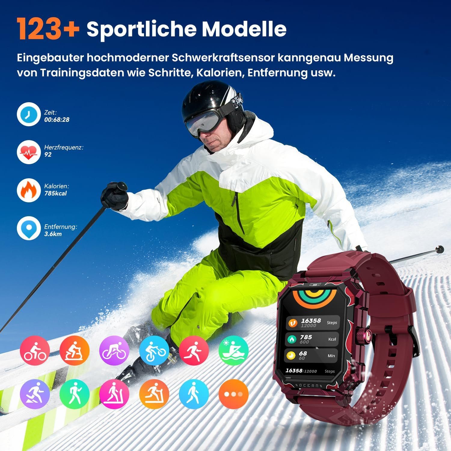 Rogbid ‎ S3-lokmat Smartwatch (4,9 cm, android ios), Outdoor Smartwatch Herren mit 1.93" HD Display, 100 Tagen