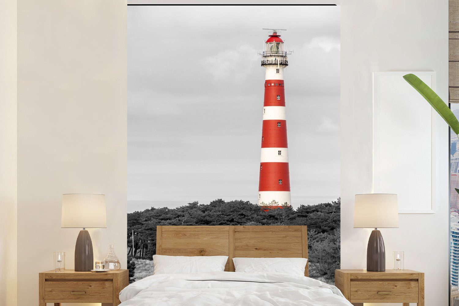 MuchoWow Fototapete Strand - Leuchtturm - Bäume, Matt, bedruckt, (3 St), Montagefertig Vinyl Tapete für Wohnzimmer, Wandtapete