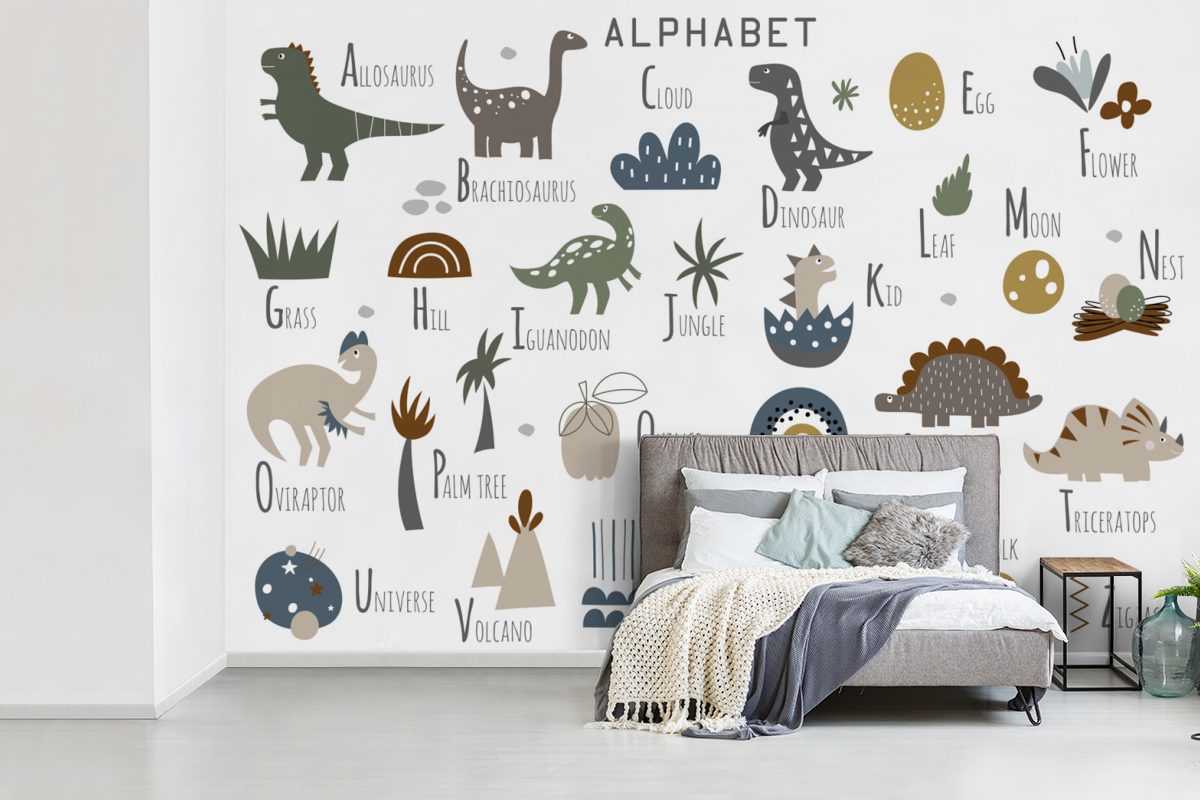 Kinder, - - Tapete (6 Kinderzimmer, - Kinderzimmer Vinyl Wohnzimmer, Matt, - Fototapete Buchstaben MuchoWow Mädchen St), Dinosaurier bedruckt, Wallpaper für Schlafzimmer, Jungen -