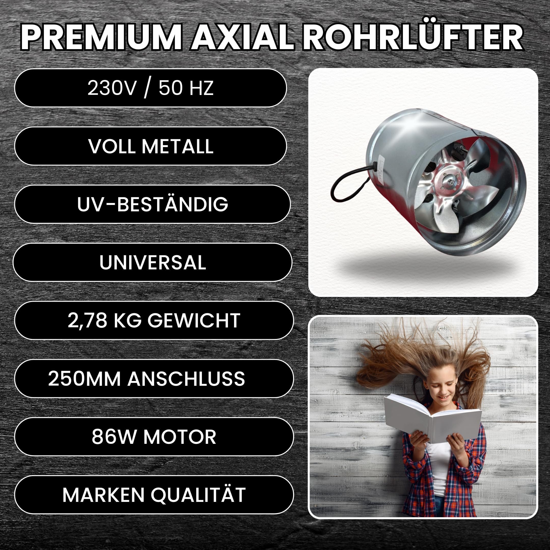 TronicXL Turboventilator 250mm Axial Rohrlüfter Abluftventilator Lüfter Zuluft Rohrventilator, Belüftung Abluft Zuluft Rohrventilator Axialventilator Stahl