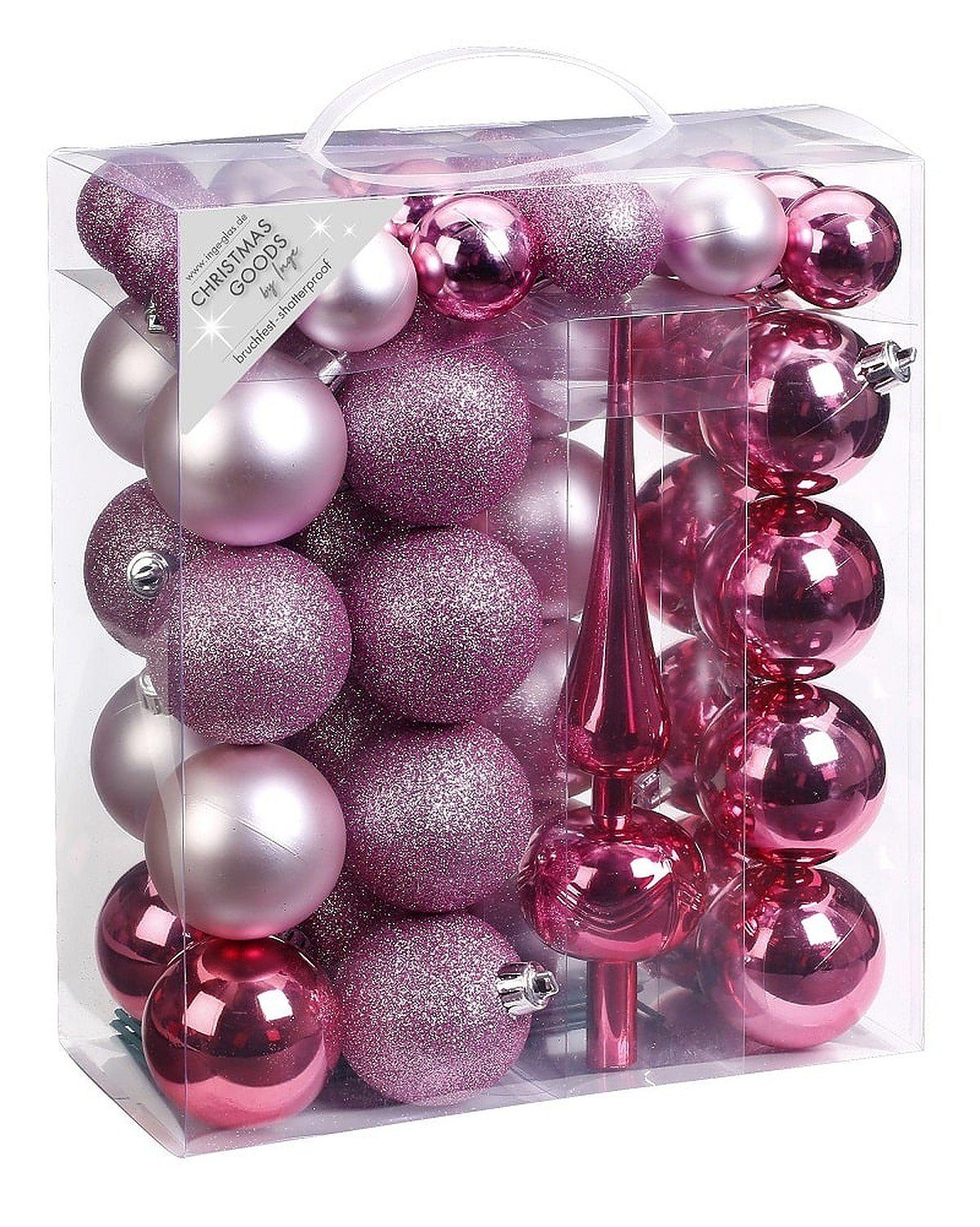 INGE-GLAS® Christbaumschmuck Inge's Weihnachtskugel mit Spitze, 39 Stück 4-6 cm Rosa, Kunststoff, Baumdekoration, Baumschmuck, Weihnachtsdekoration