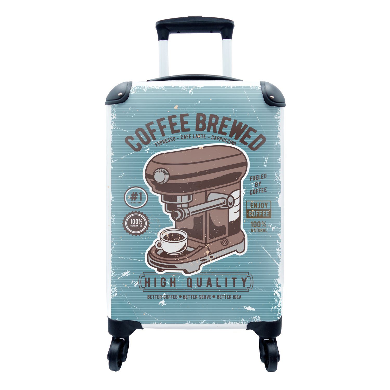 MuchoWow Handgepäckkoffer Kaffeemaschine - 4 rollen, mit Kaffee Trolley, - Reisetasche Ferien, - Reisekoffer Handgepäck für Retro Zeichnung, Rollen
