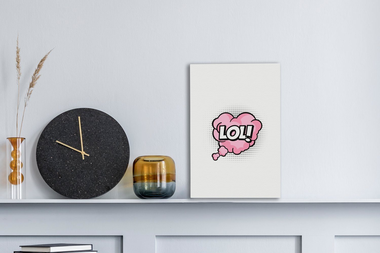 20x30 cm Zackenaufhänger, einer OneMillionCanvasses® Leinwandbild Leinwandbild inkl. fertig "LOL!" rosa Denkwolke, (1 bespannt Gemälde, Cartoon-Zitat St), auf