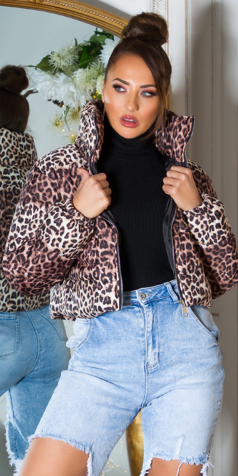 Koucla Kurzjacke cropped Puffer-Jacke mit Leoparden Print