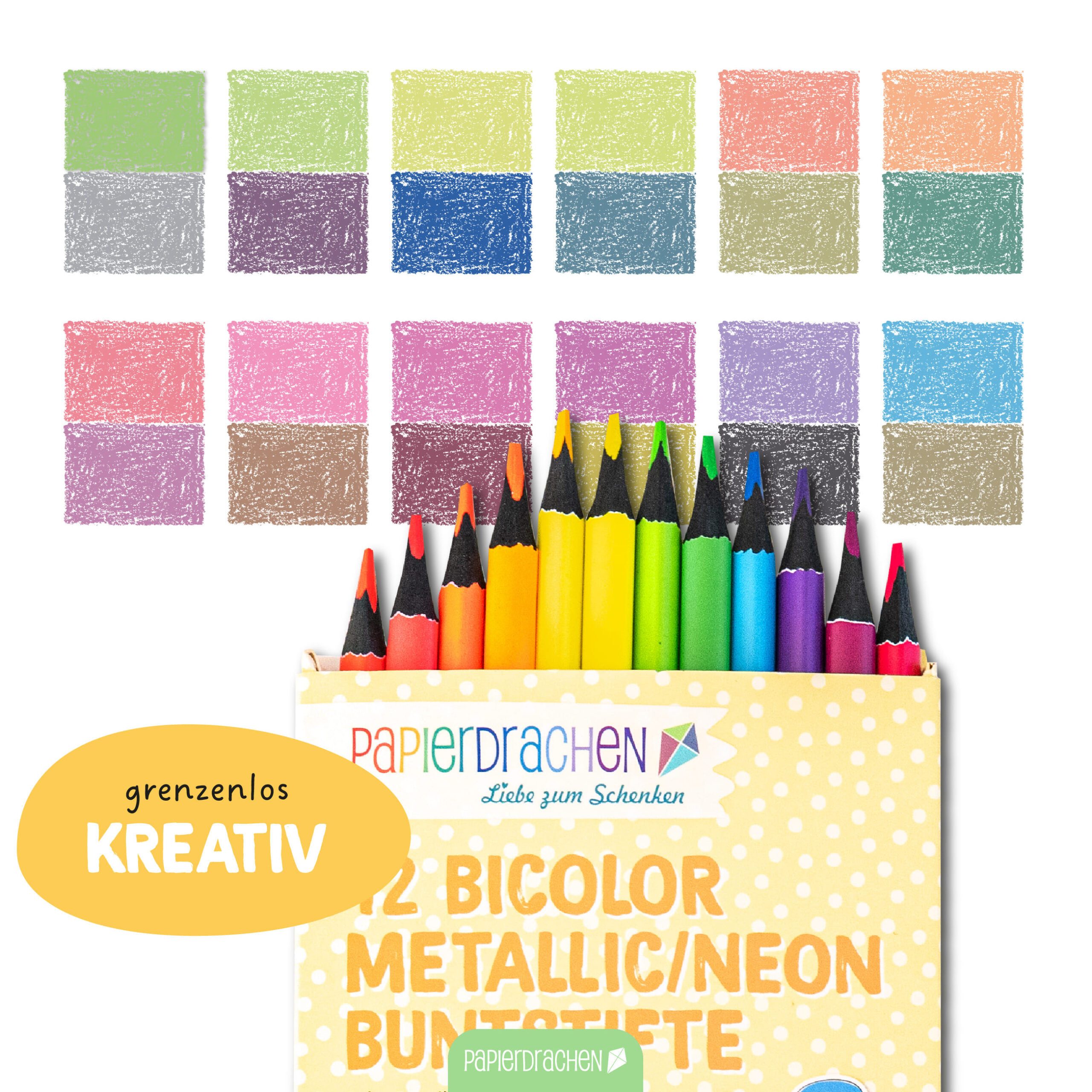 PAPIERDRACHEN Buntstift 12 Bicolor Buntstifte Metallic und Neon – Bild 5 von 5
