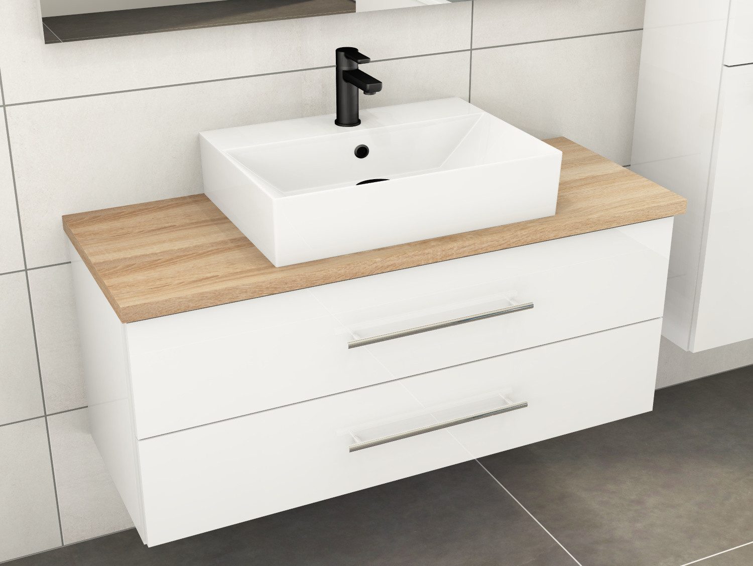 Aqua Bagno Badmöbel-Set Flex Badmöbel 120 cm, Keramik-Waschtisch, Eiche Gold/Weiß Hochglanz, (vormontiert, 3-St., Badmöbelschrank lackiert, Trägerplatte, Keramikwaschbecken), einfache Montage, Skandi
