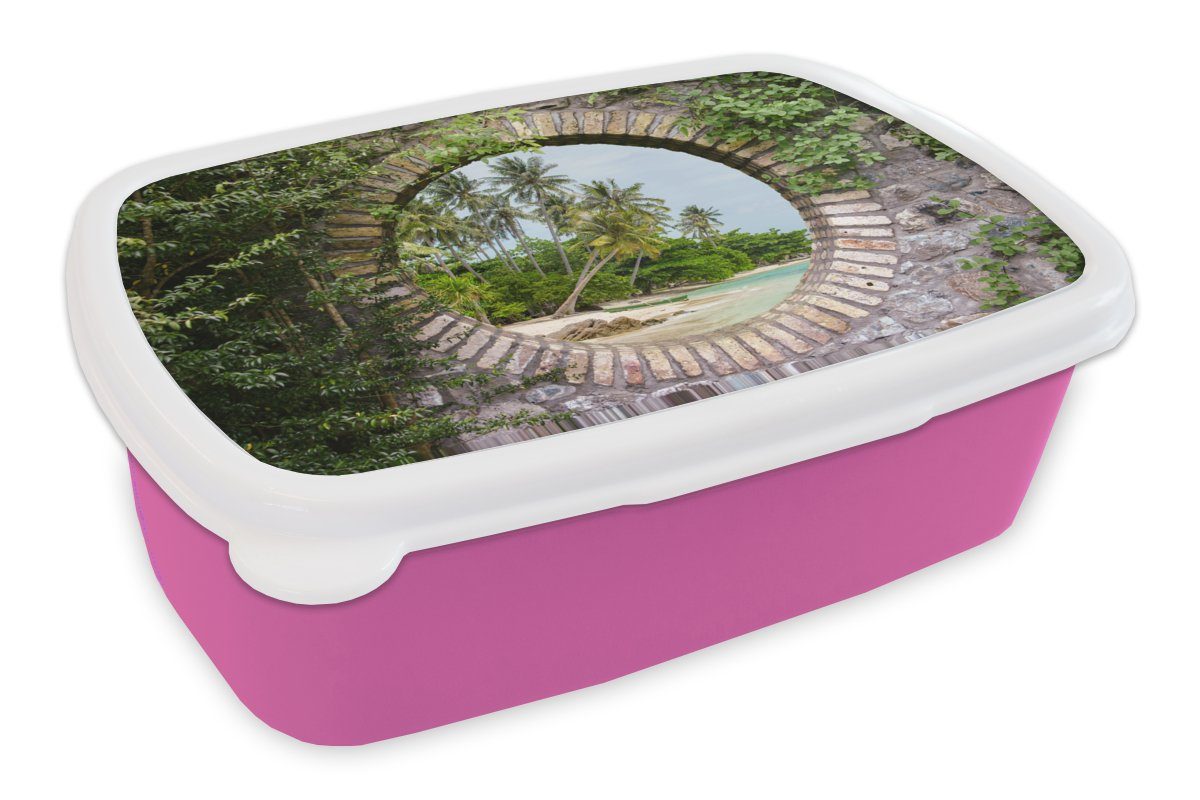 - Brotbox Snackbox, Durchsichtig Erwachsene, Strand, - MuchoWow Kinder, Kunststoff, rosa (2-tlg), Kunststoff Tropisch Lunchbox Mädchen, - Palmen für Brotdose