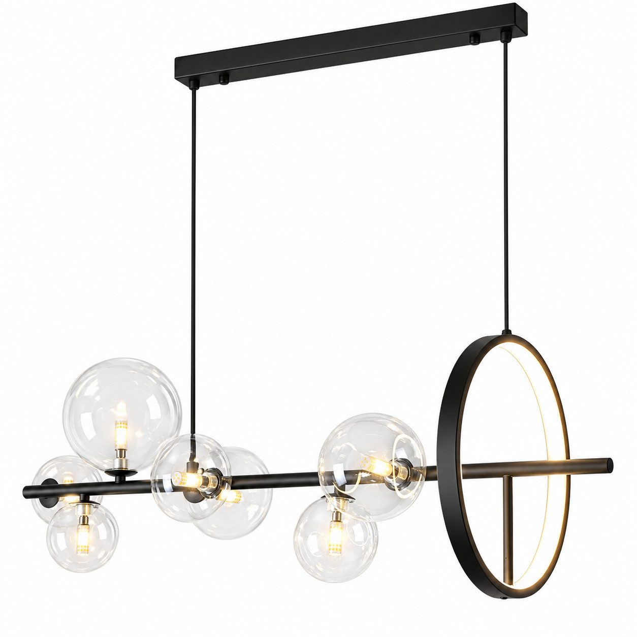 GOLDEN LED Kugelleuchte LED-Pendelleuchte 90 cm, 7 Glaskugeln und LED-Ring, schwarz