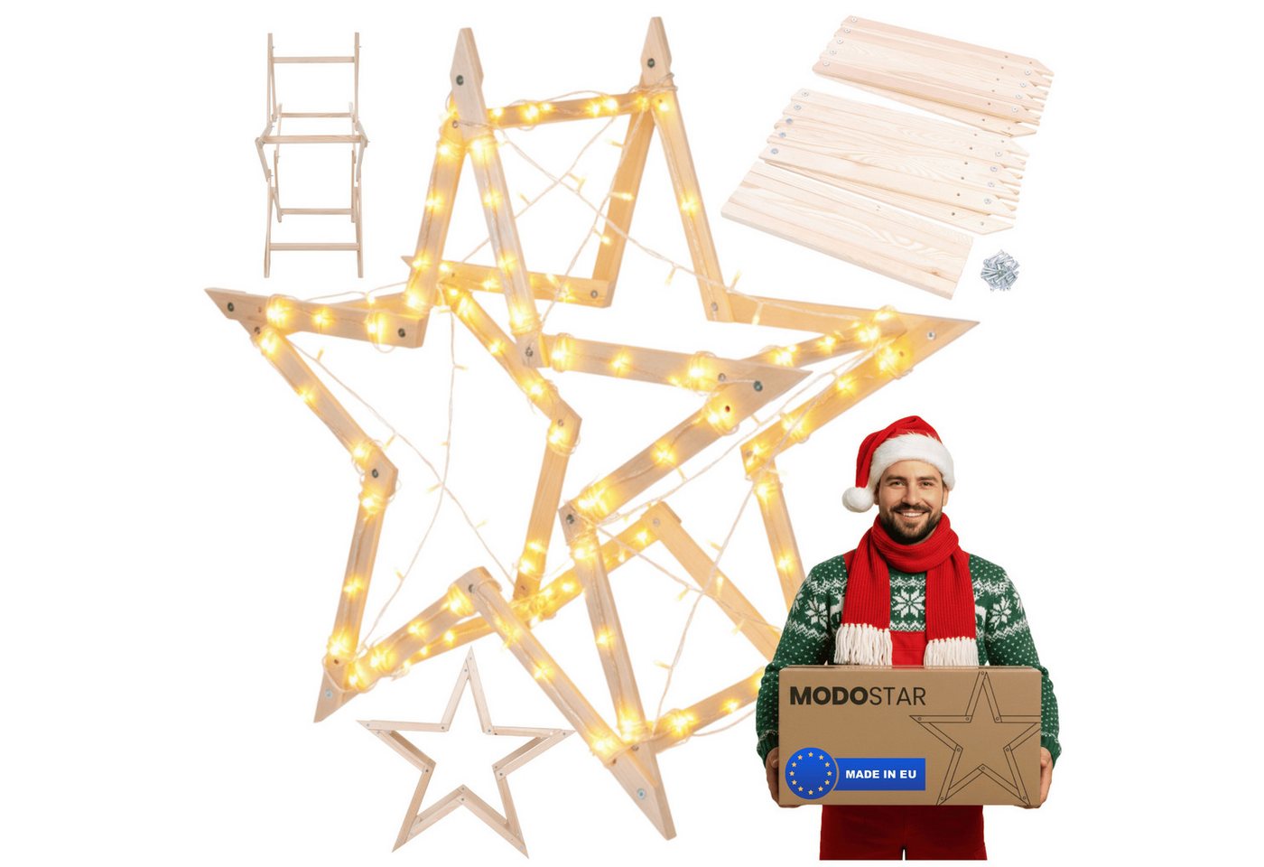 Modo24 Dekostern DIY MODOSTAR Weihnachtsstern Set aus FSC Holz 2D und 3D in 3 Breiten, zum Garten & Terrasse, wetterfest, faltbar & stabil, Weihnachtsdeko