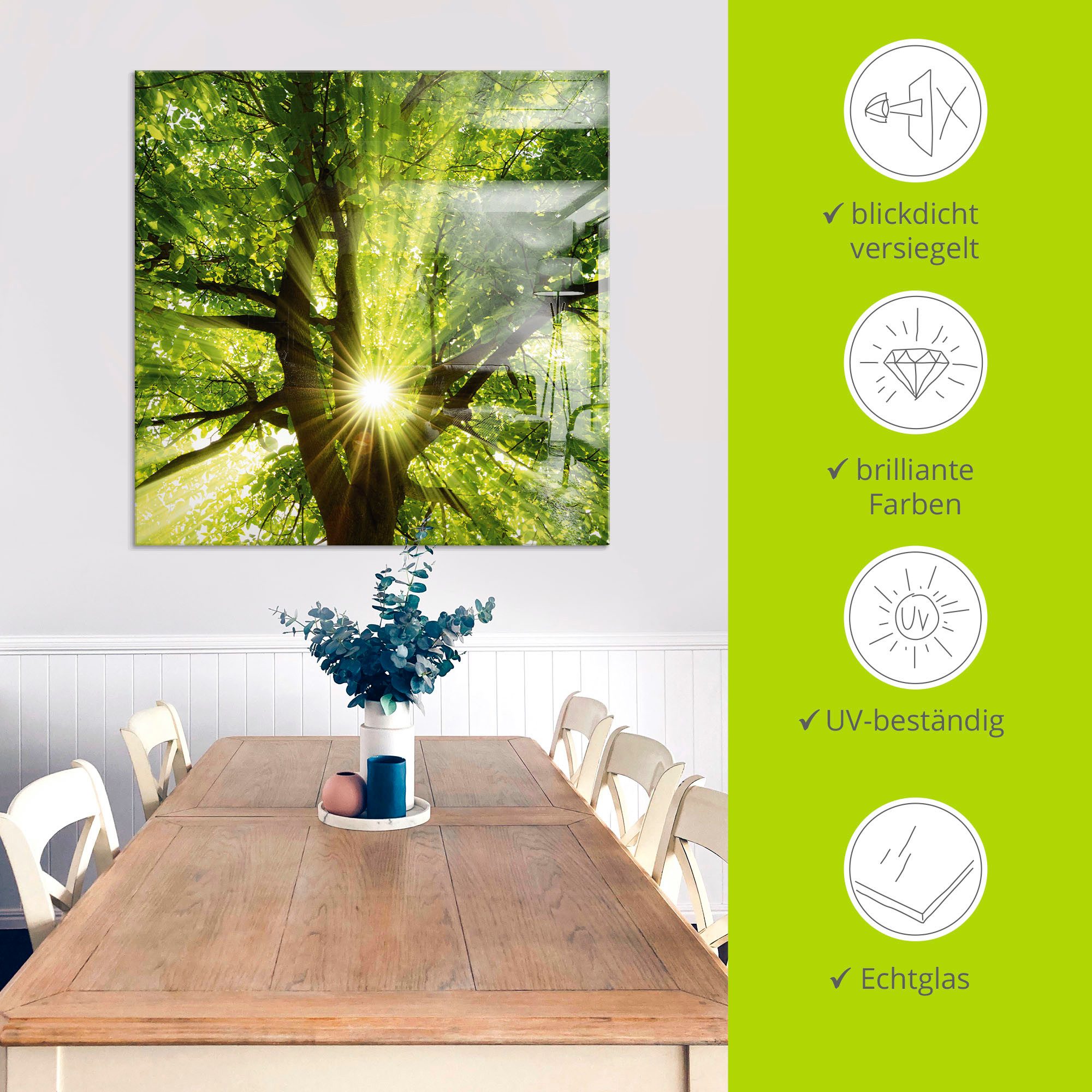 Artland Glasbild Sonne strahlt explosiv durch den Baum, Bäume (1 St), in verschiedenen Größen