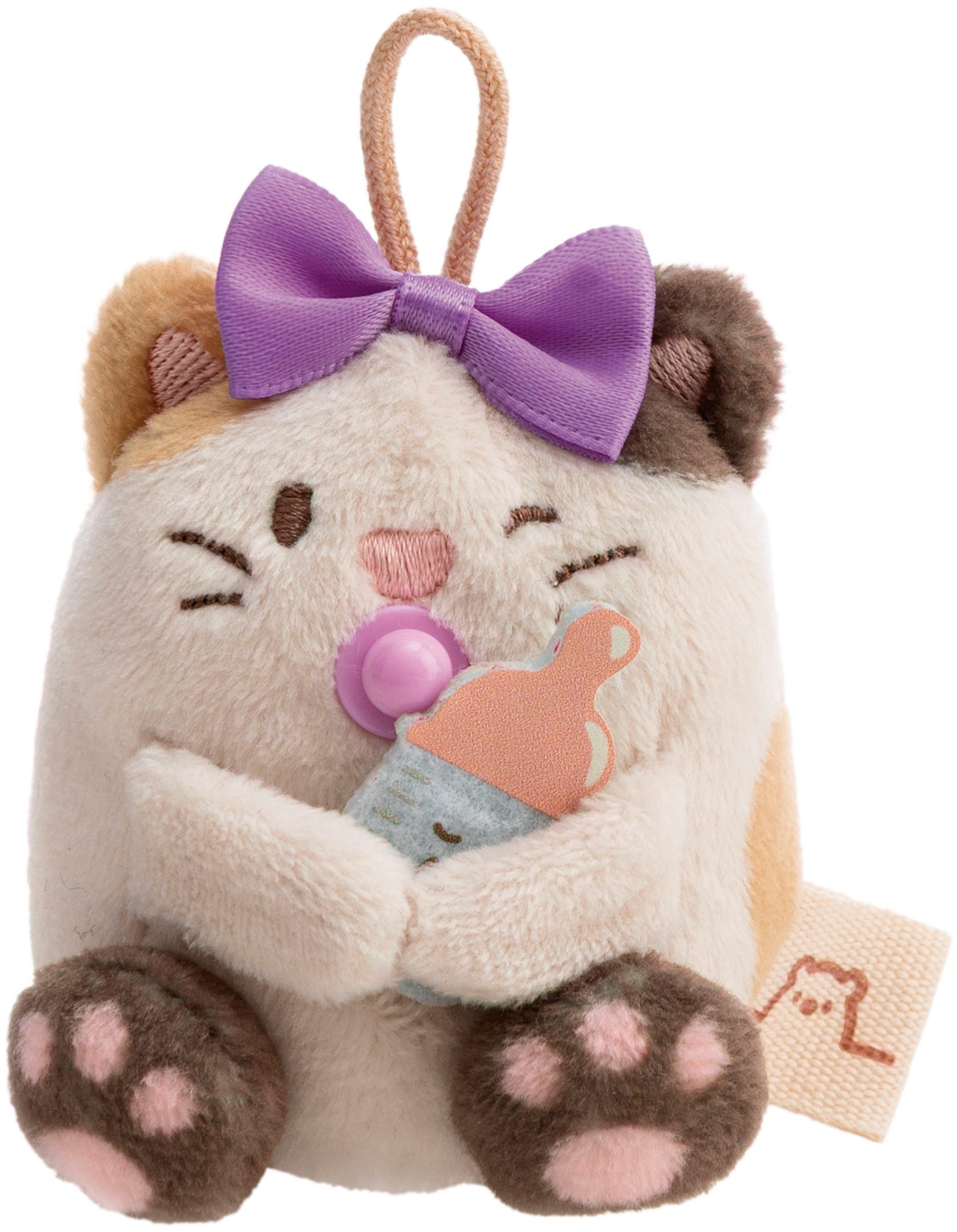 Nici Kuscheltier mymochi, Set Katze Angy 7cm mit Babyflasche & Bettchen mit Karabiner (Set), in Geschenkbox