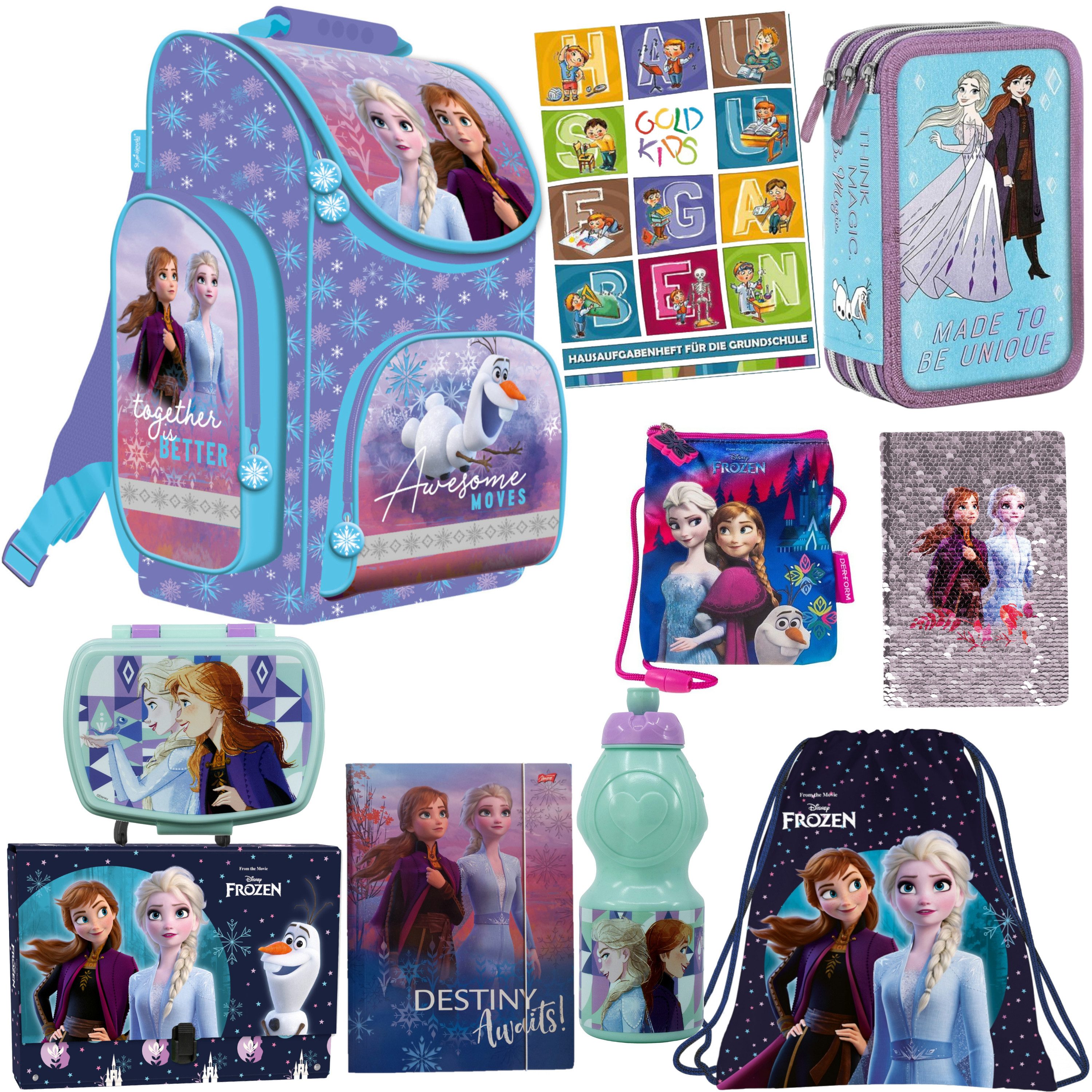 GOLDKIDS Schulranzen für Jungen und Mädchen, 10er-Set - Schul-Rucksack für (Kinder mit Federmäppchen - Frozen-Tagebuch, 1-tlg., und Hausaufgabenheft - ELSA), Frozen Motiv - 1-3 Klasse