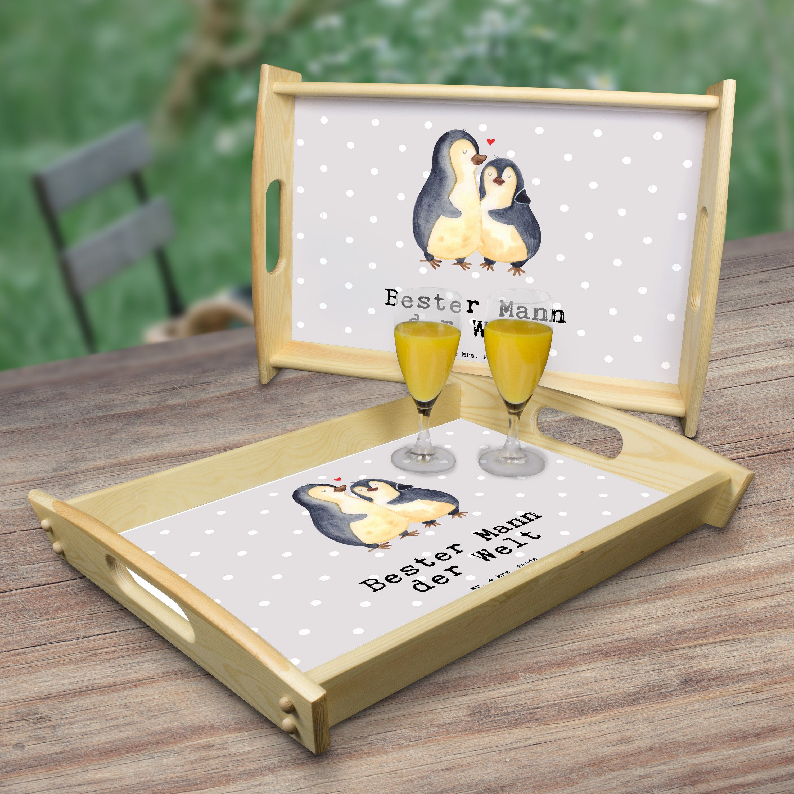 Mr. & Mrs. - (1-tlg) Geschenk, Pinguin lasiert, Frühstückstab, Welt Tablett Mann Pastell - Echtholz Grau Panda Bester der