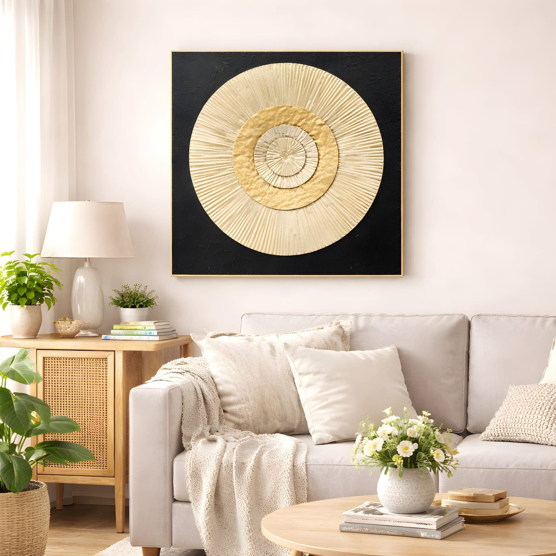 Dekoleidenschaft Wandbild "Golden Circle" 3D Wanddeko aus Metall, gold & schwarz, Metallbild, 56x56 cm, Wandschmuck