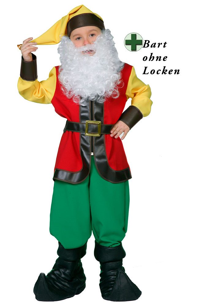 Karneval-Klamotten Kostüm Zwerg Kinder Wichtelkostüm mit Mütze und Bart, buntes Zwergen Kinderkostüm Junge Mädchen Märchen sieben Zwerge Kobold