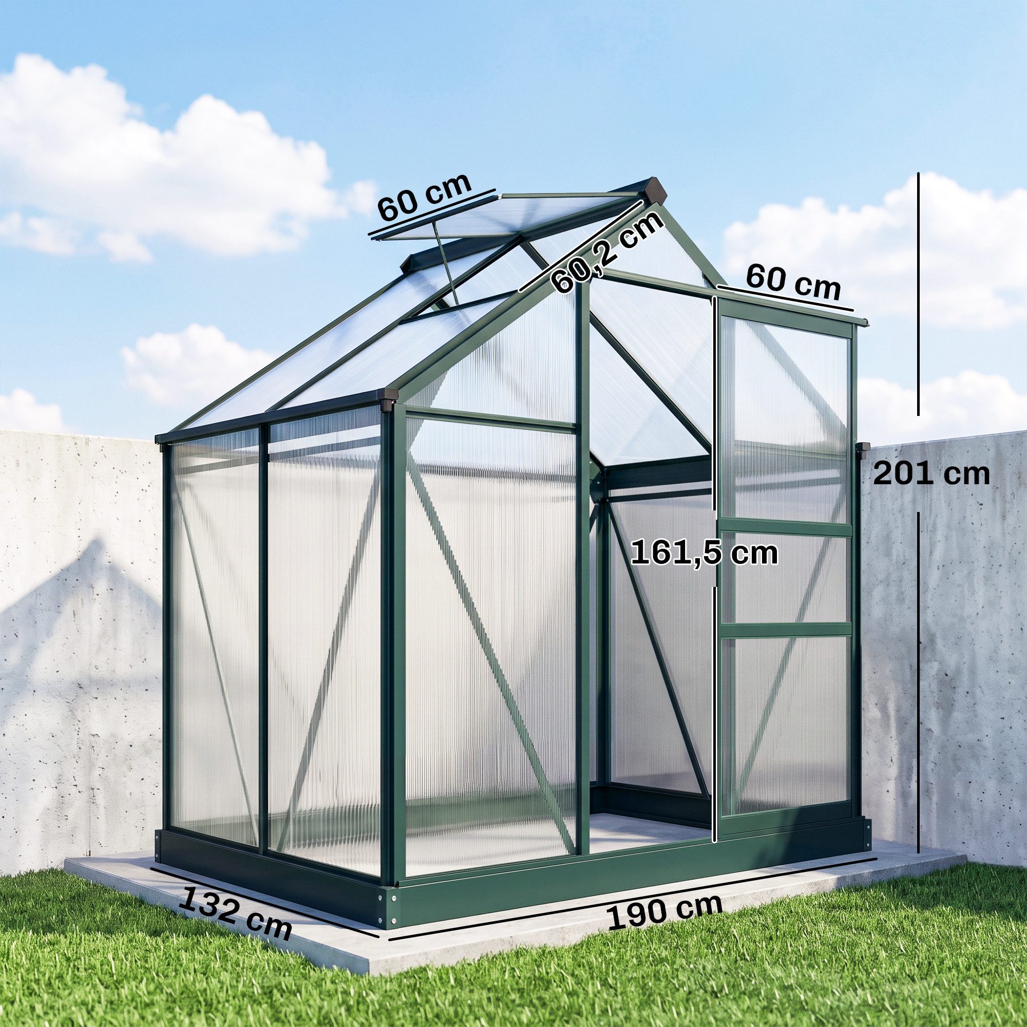 Outsunny Gewächshaus Aluminium Treibhaus 2,51m² mit Fundament, Dachfenster, BxTxH: 190 x 132 x 201 cm, BxLxH: 132 x 190 x 201 cm, 4 mm Wandstärke, Pflanzenhaus  – Bild 3 von 5