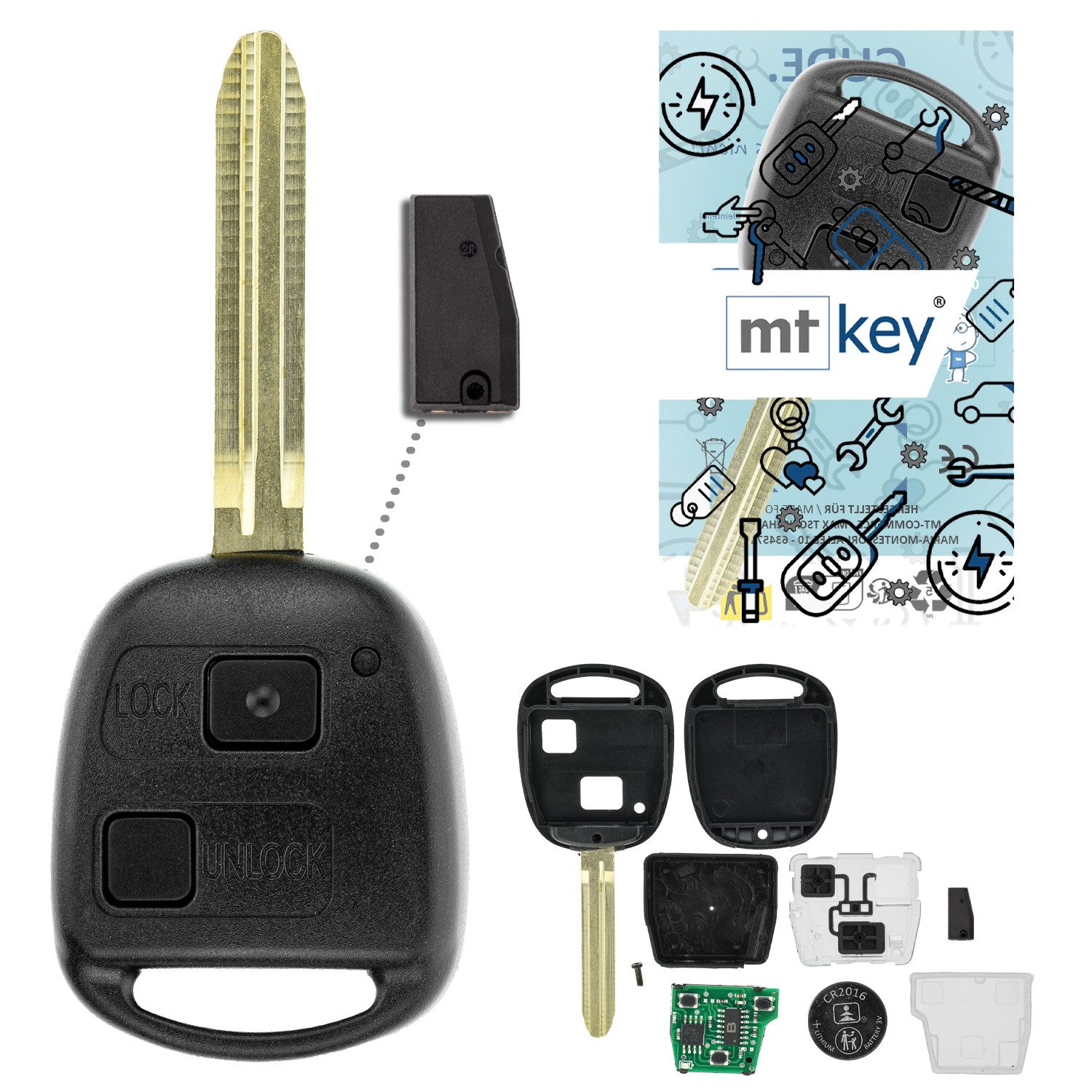 mt-key Schlüsseltasche Auto Funk Schlüssel Fernbedienung 434MHZ ID33 TOY43 (Set), für Toyota Tarago (R10, 95–00)