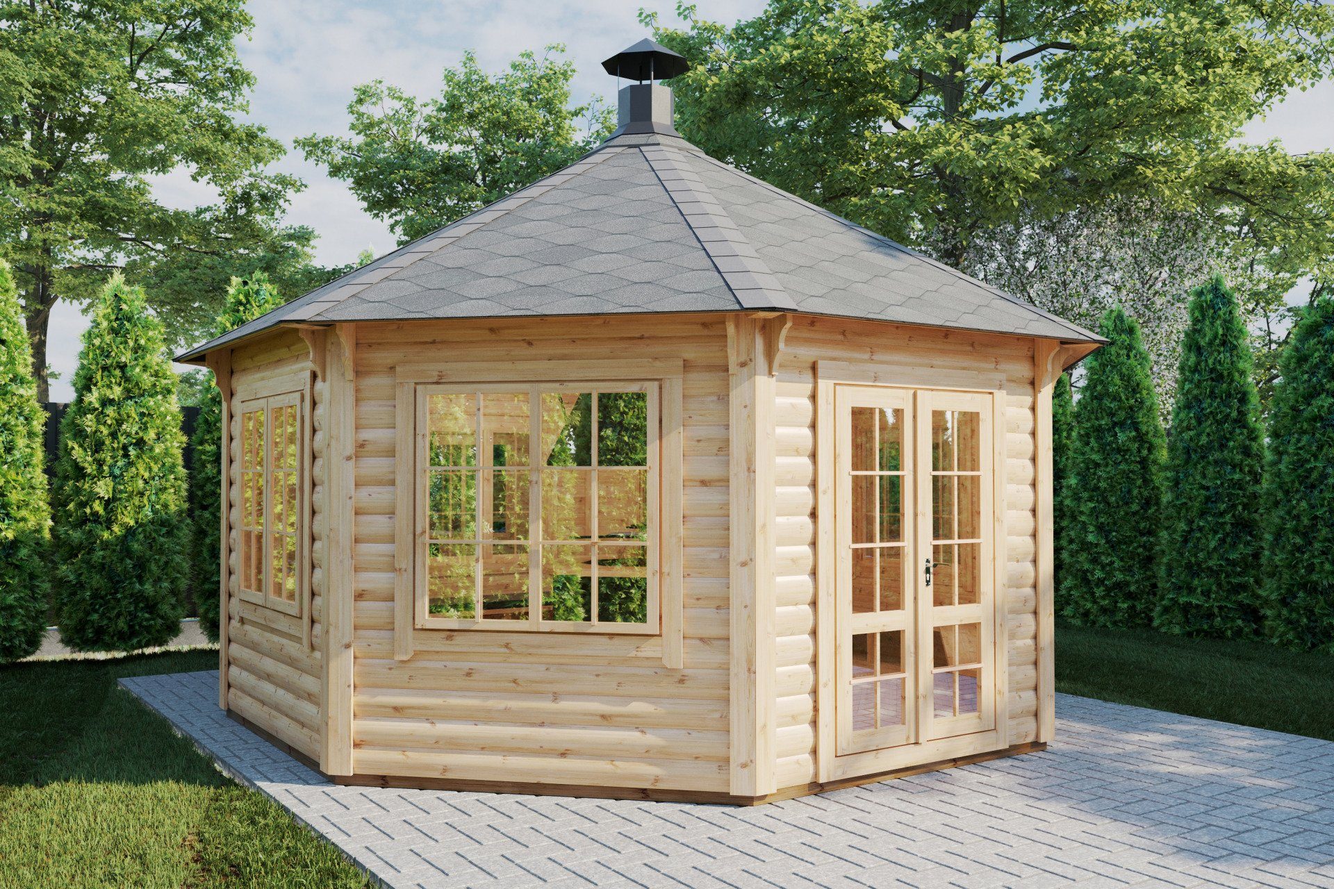 Finn Art Blockhaus Grillkota Grillpavillon 8-eckig Elegance 14,9 max. 21 Personen, BxT: 424x424 cm, Schindeln grün, mit Grillanlage, mit 18 mm Fußboden