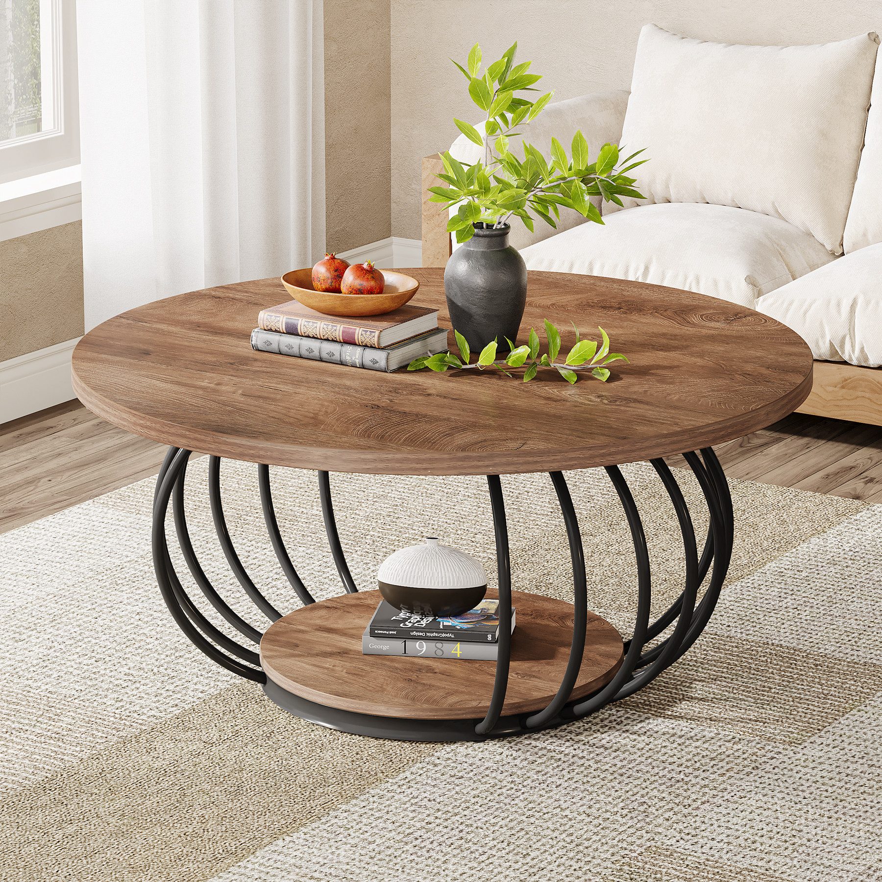 Tribesigns Couchtisch 100 cm Runder Wohnzimmertisch mit Stauraum, 2-stöckiger Metallrahmen