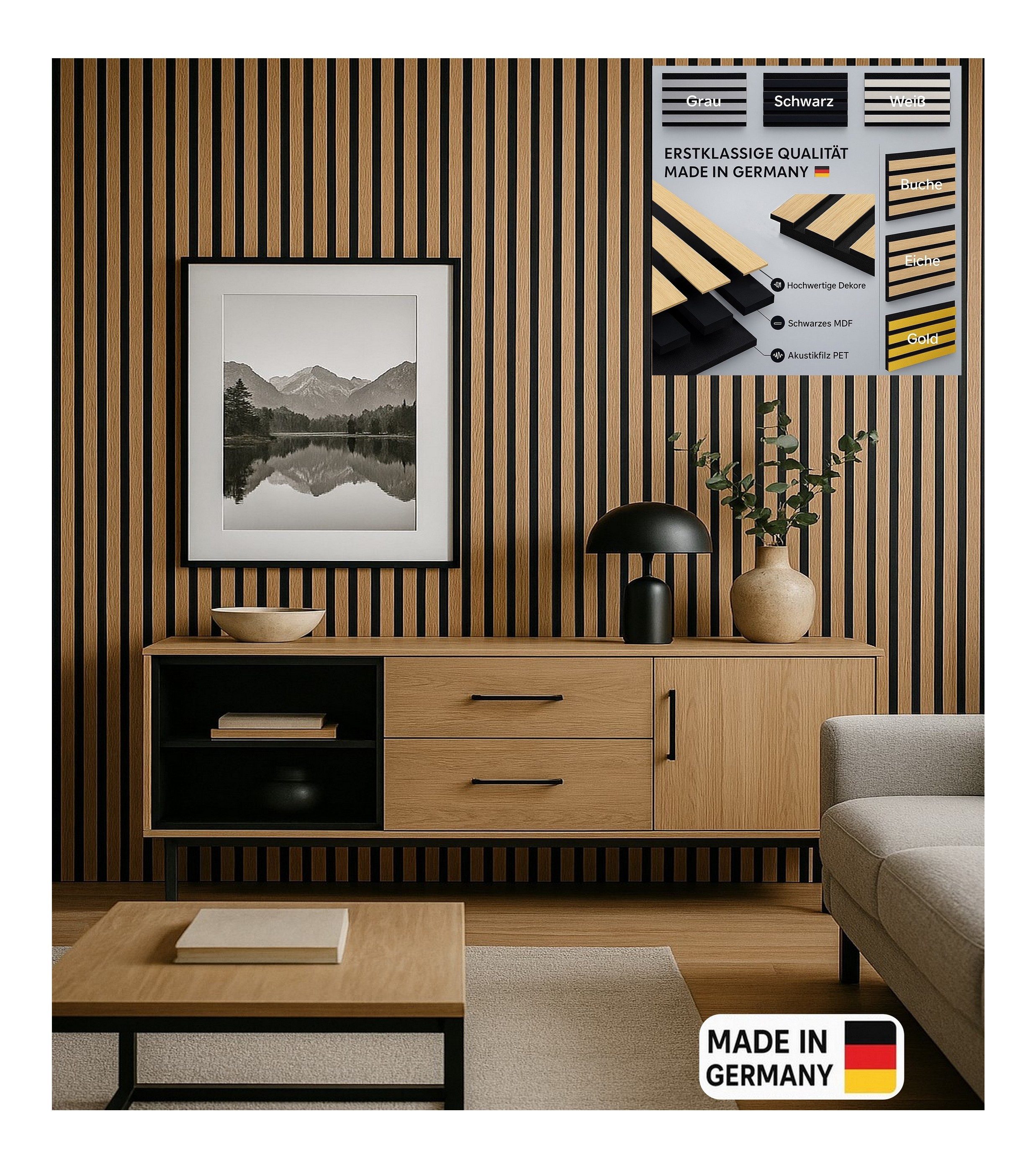 PCH[art] 3D Wandpaneel Akustik Wandpaneele, 6 Farben – 2750x600 mm – modernes Design, BxL: 60x275 cm, 1,65 qm, 3D-Design in Holzoptik, Einfache Montage, Verbessert die Raumakustik