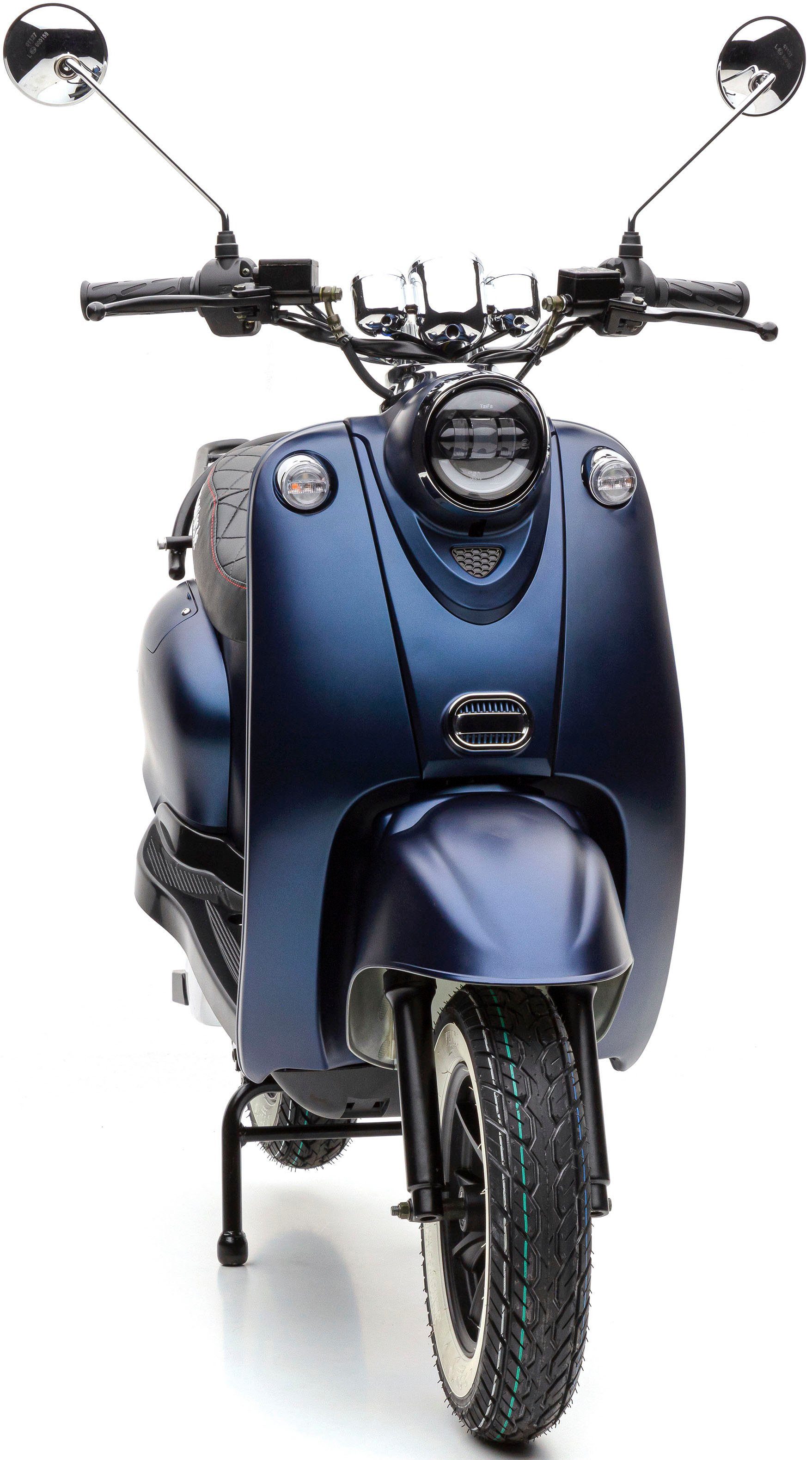 km/h, Mit gesteppter 2000 blau eRetro Nova Li und Weißwandreifen, W, digitalem Premium, Star Tacho E-Motorroller Motors 45 Sitzbank