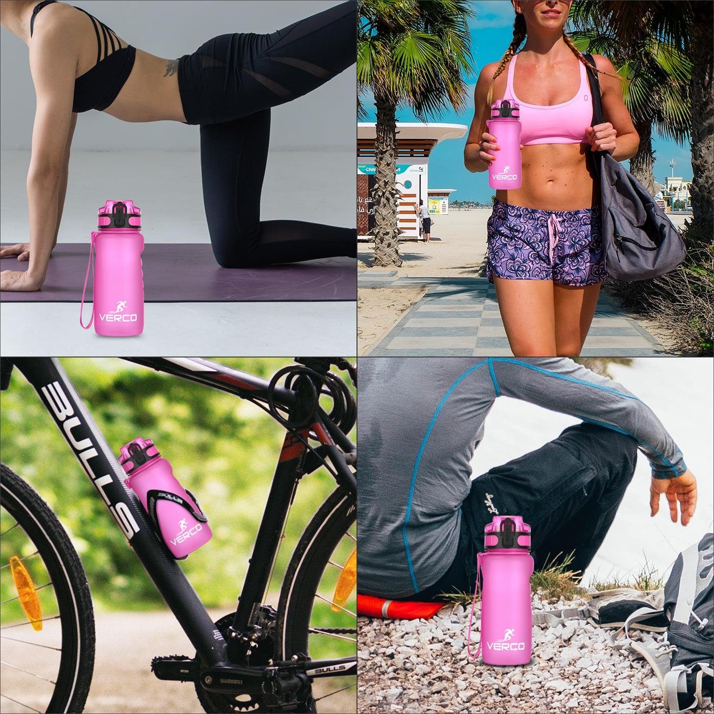 wiederverwendbar ml Trinkflasche BPA 650 Tritan Liter Wasserflasche Pink 0,65 VERCO Fruchtsieb Frei Flasche, nachhaltig Sport mit