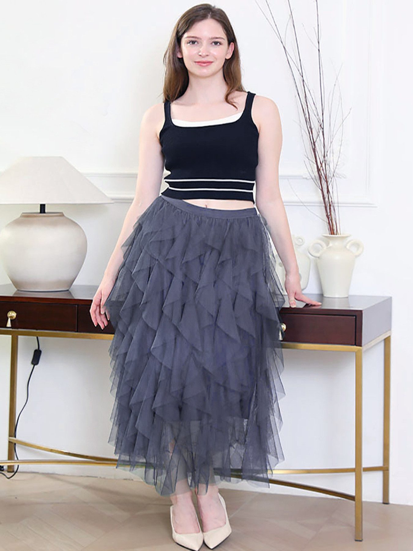 DEBAIJIA Meshrock Damen eleganter langer Rock hoch taillierter rock