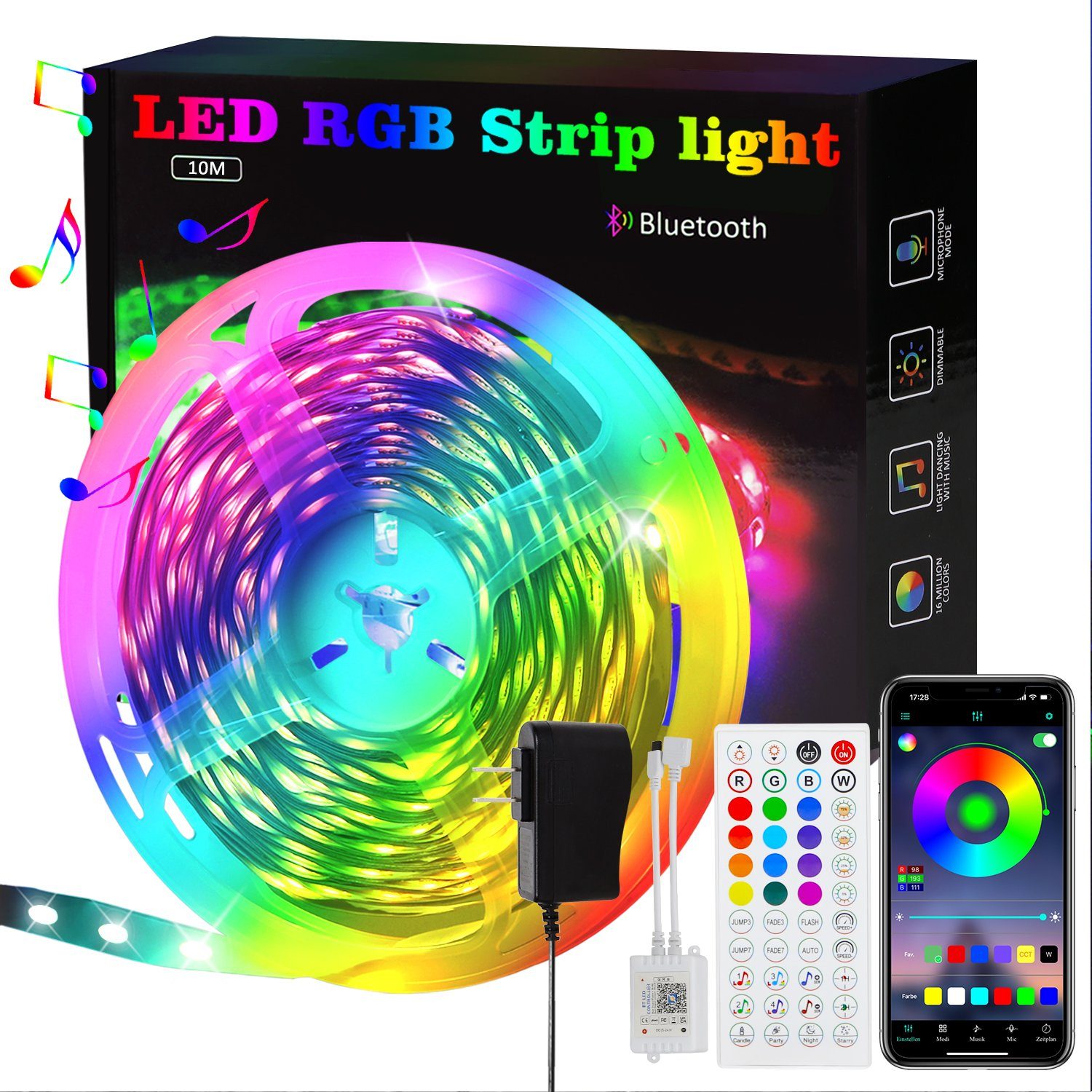 Nettlife LED Stripe 10m RGB Selbstklebend Bänder Dimmbarmit Fernbedienung und App, Musikfunktion, Timer-Funktion