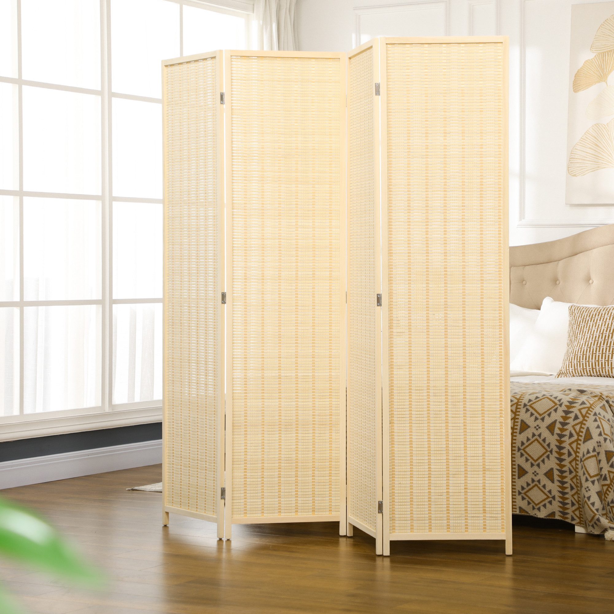 HOMCOM Paravent 4-teilig aus Bambus, Faltbar Sichtschutz Stellwand Raumtrenner (Raumteiler, 1 St., Trennwand), für Wohnzimmer, Schlafzimmer, Naturholz