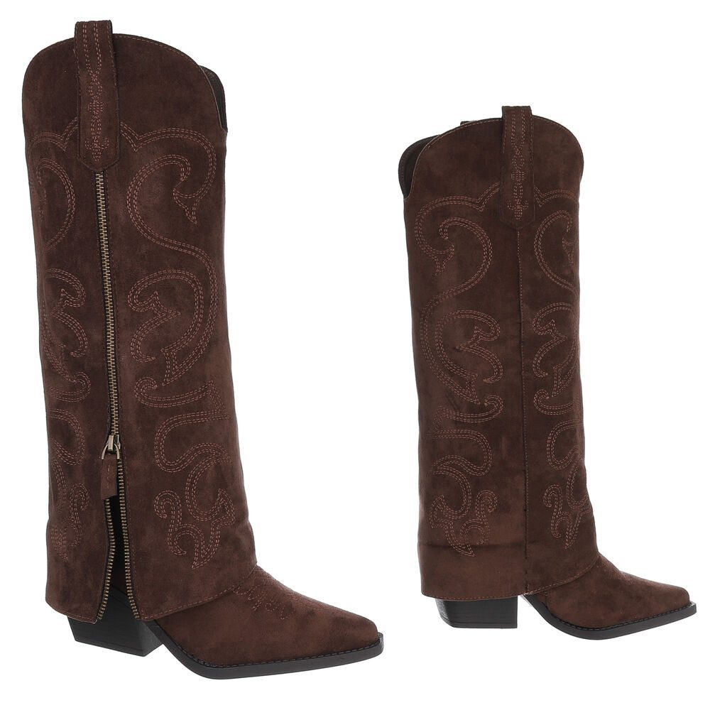 Ital-Design Hochwertige Damen-Stiefel mit Blockabsatz und Details Westernstiefel (90471240) Blockabsatz Stiefel in Braun