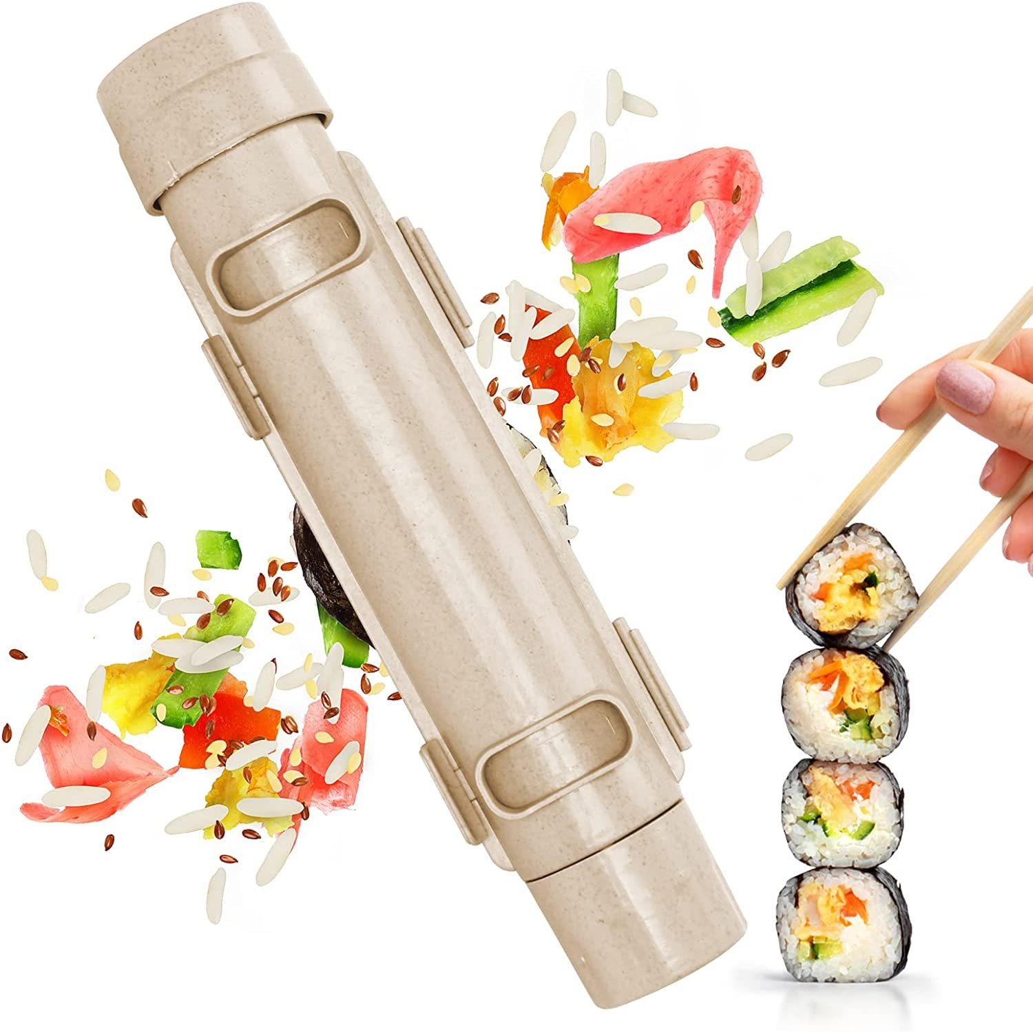 gemeinsame Sushi-DIY-Maschine, Beige NUODWELL Zubereitungswerkzeuge Sushiteller Sushi-Bazooka,