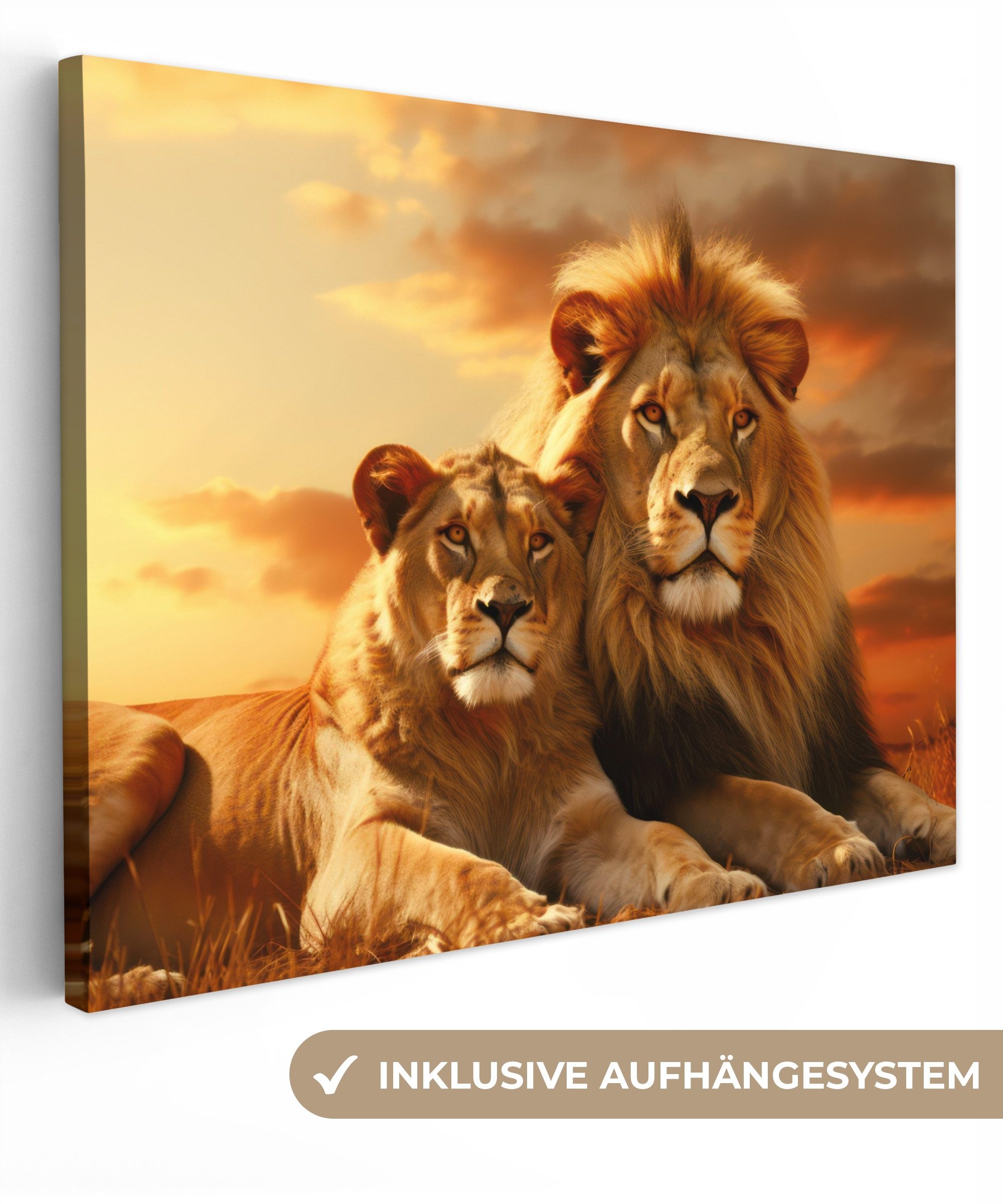 OneMillionCanvasses® Leinwandbild Löwen - Sonnenuntergang - Afrika - Savanne - Tiere, Fotodruck (1 St), Wandbild Leinwandbilder, Aufhängefertig, Wanddeko 40x30 cm