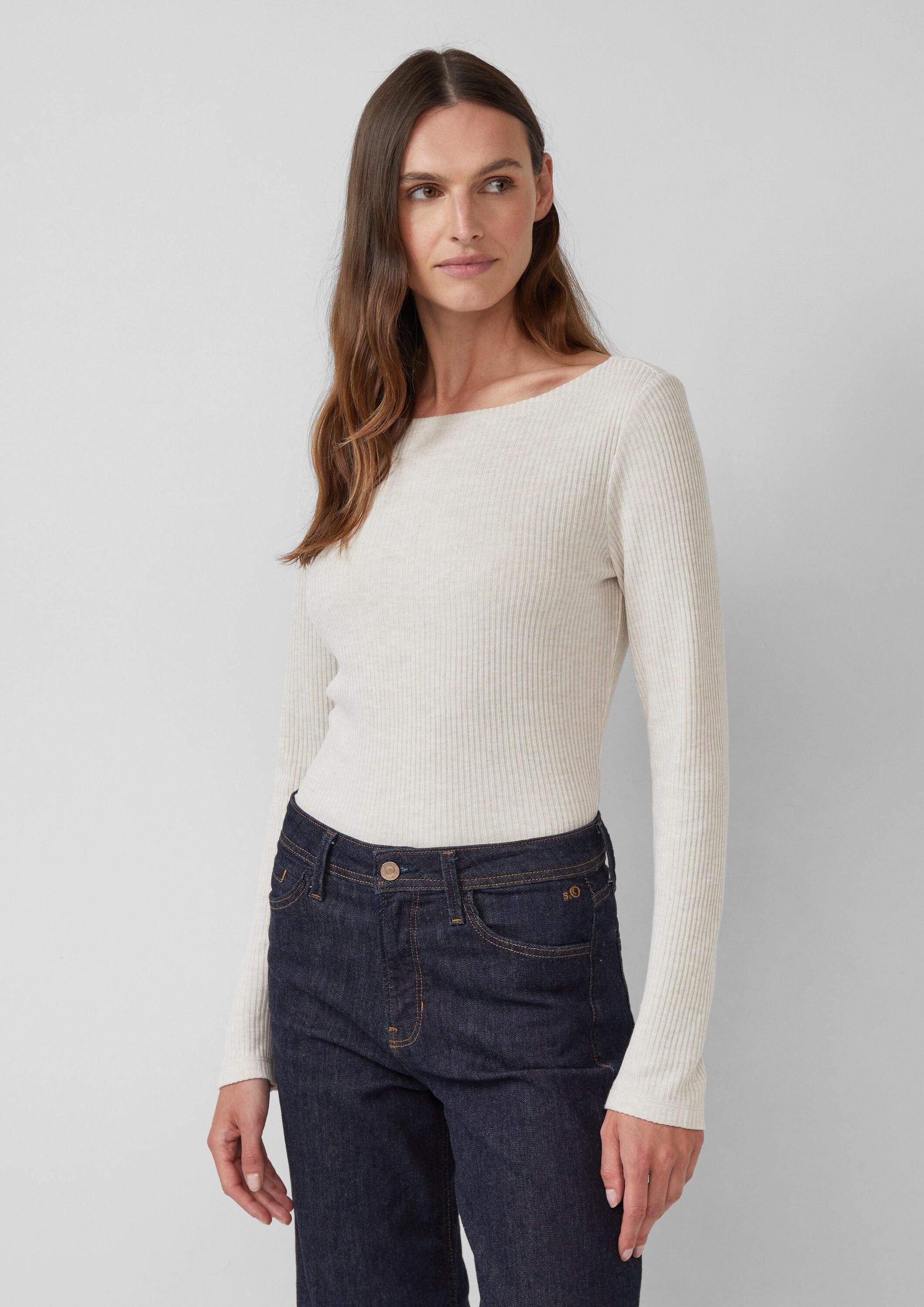 s.Oliver Langarmshirt T-Shirt Geripptes Langarmshirt mit Knopf-Detail am Arm