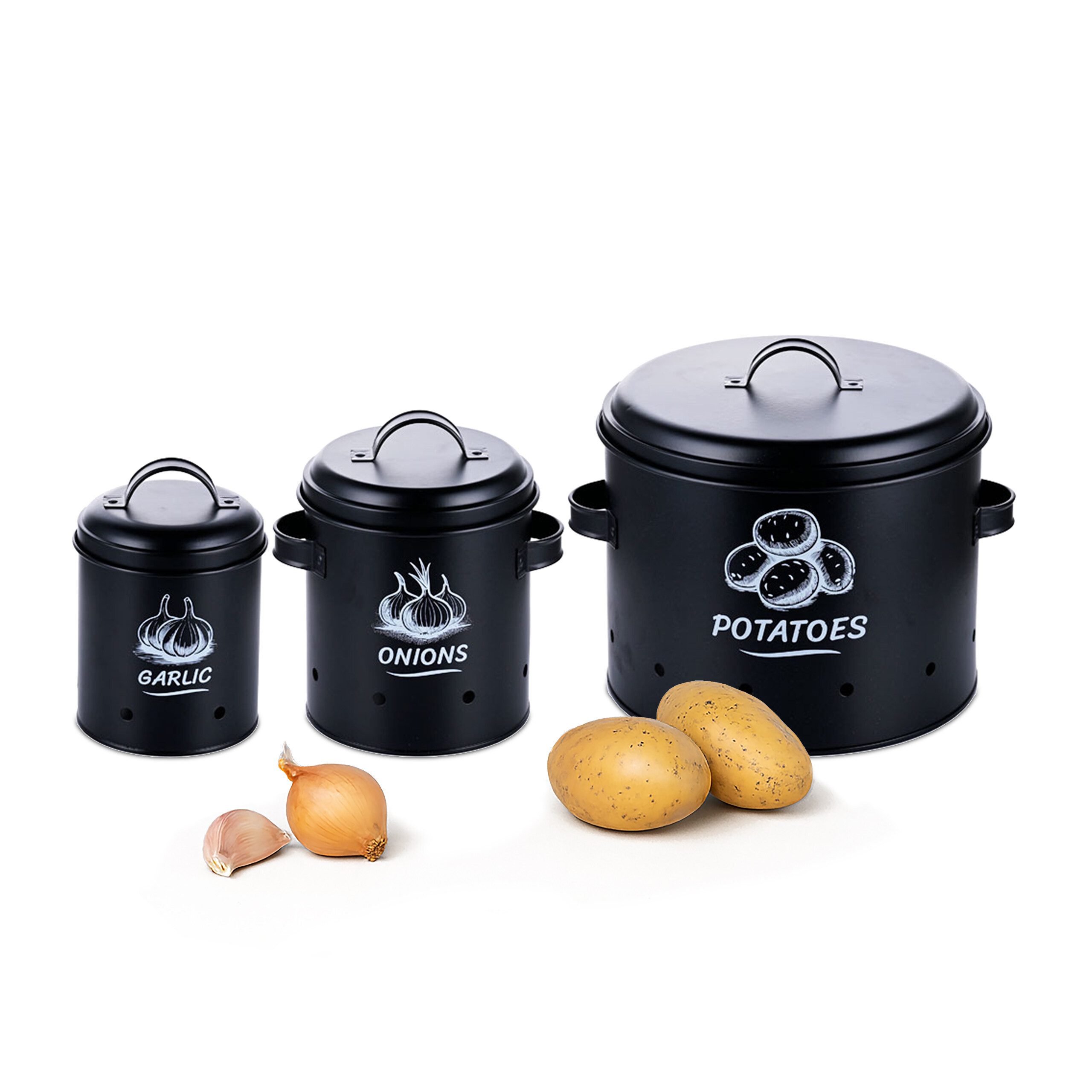 relaxdays Vorratsdose Kartoffel Aufbewahrungsbox 3er Set, Stahl, (3-tlg), schwarz